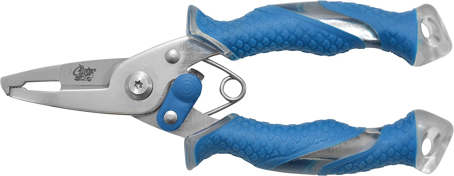 CUDA 5 Mini Plier | Durable Steel Titanium Bonded Fishing Braid, Mono & Fluorocarbon Spring-Loaded Cutter with Non-Slip Cuda Grips | for Saltwater & Freshwater Use