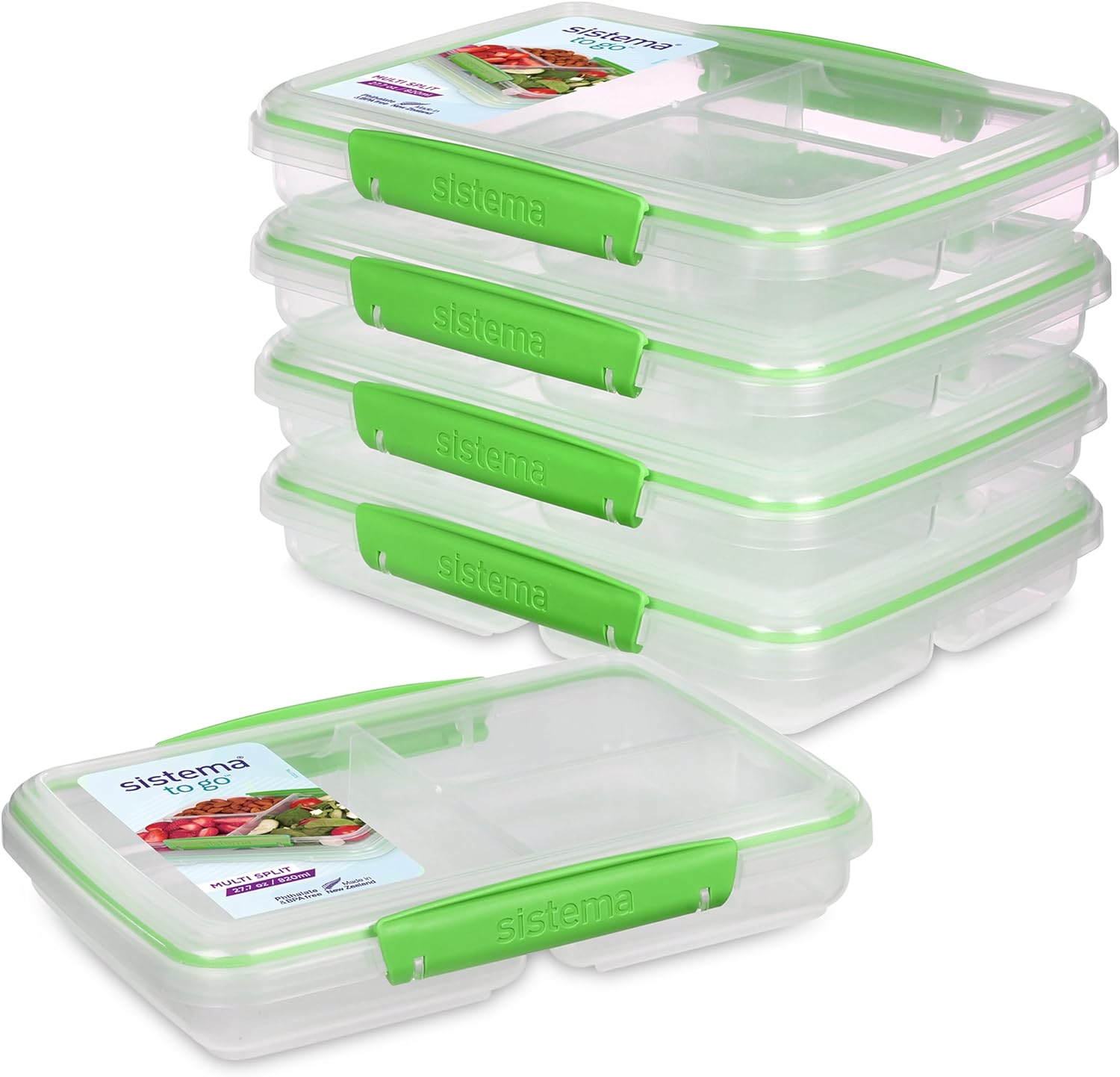 Sistema 5-Piece Food Storage Containers with 3 Compartments and Lids for Meal Prep, Dishwasher Safe, 11.8oz, Clear/Green, Pack of 5