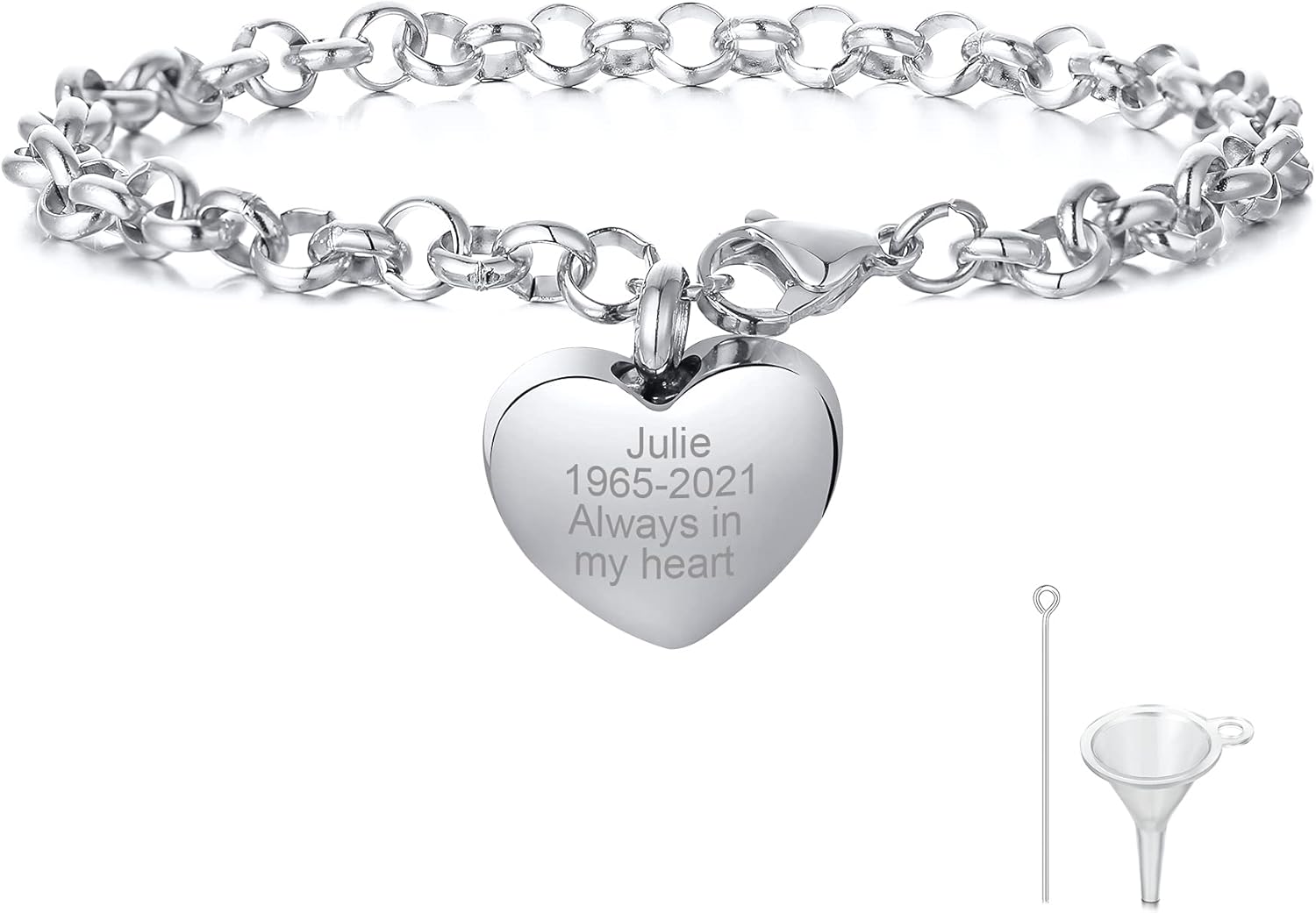 MEALGUET 1-5 Pcs Personalized Heart Charm Cremation Urn Charm Bracelet Jewelry for Women Stainless Steel Memorial Keepsake Bracelet Custom Engrave Jewelry for Ashes