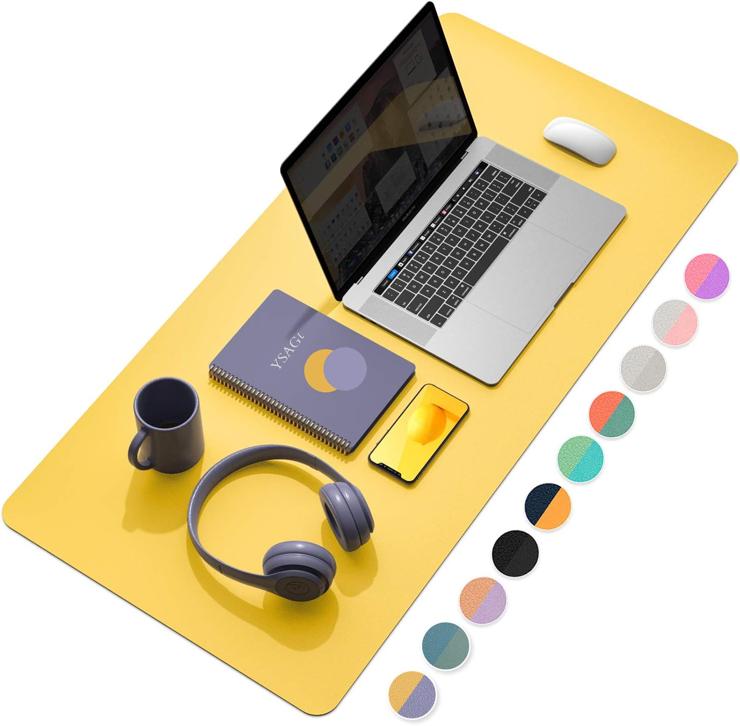 YSAGi Desk Mat, Mouse Pad,Waterproof Desk Pad,Large Mouse pad for Desk, Leather Desk Pad Large for Keyboard and Mouse,Dual-Sided Mouse Mat for Office and Home (35.4" x 17", Yellow + Taro Purple)
