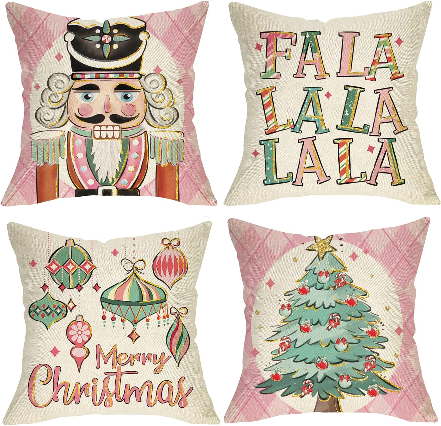 Merry Christmas Tree Nutcracker Decorative Throw Pillow Covers 18 x 18 Set of 4, Pink Xmas FA La La Porch Outdoor Home Decor, Ornaments Winter Holiday Party Decorations Cushion Case