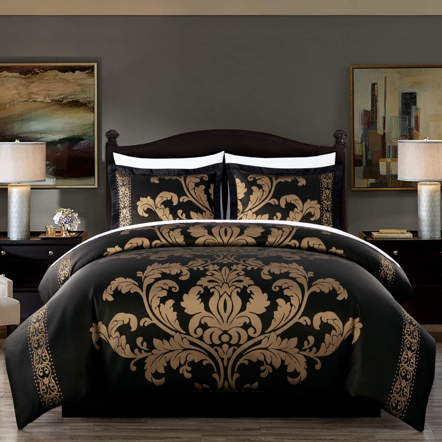 Chezmoi Collection Valor 7-Piece Bed in a Bag King, Black/Gold Luxury Jacquard Floral Comforter with Sheets Set for All Season