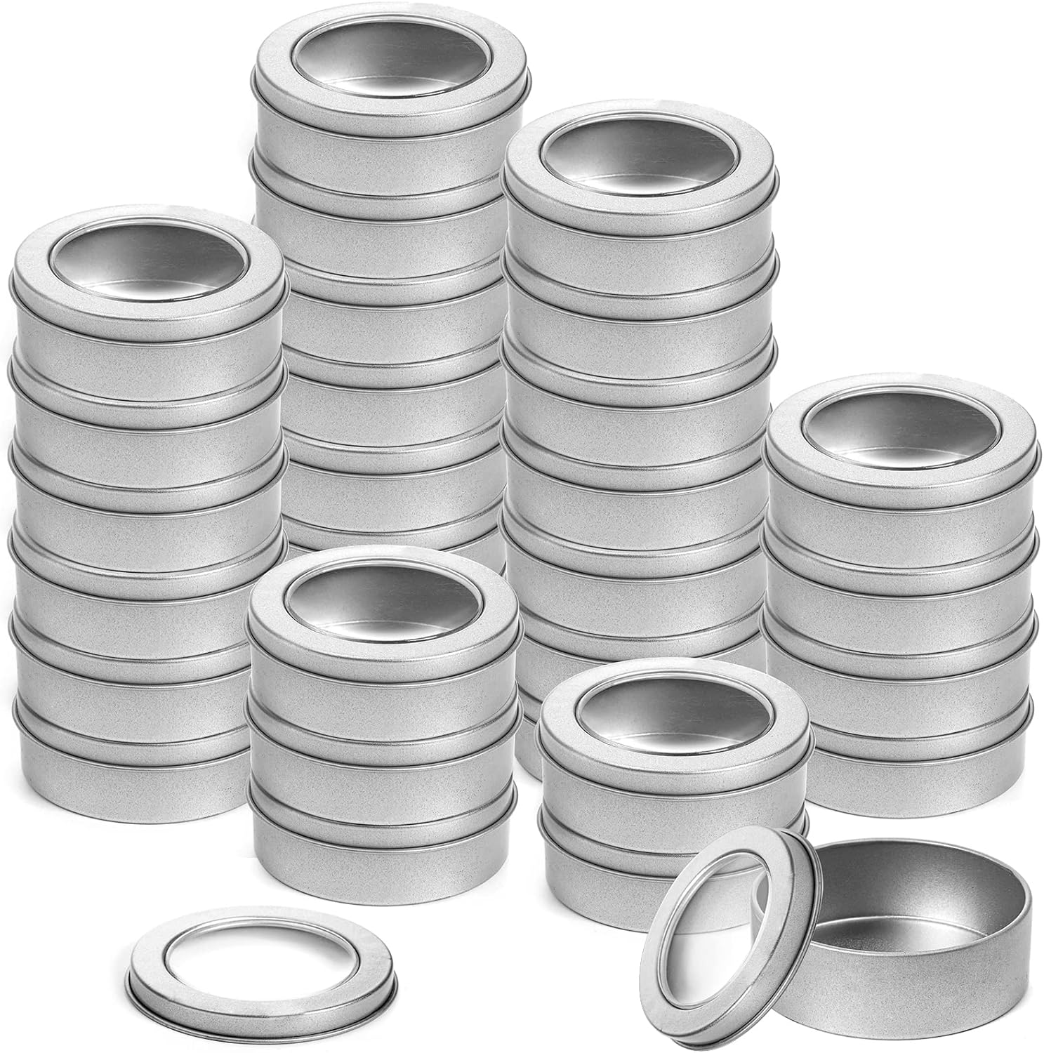 Yesland 30 Pack 2 Ounce Metal Tin Cans - Round Empty Containers with Clear Top for Candles, Arts & Crafts, Storage in Kitchen & Office Use