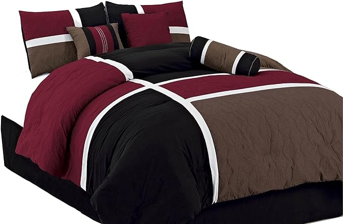 Chezmoi Collection 7-Piece Quilted Patchwork Comforter Set (Full, Burgundy/Brown/Black)