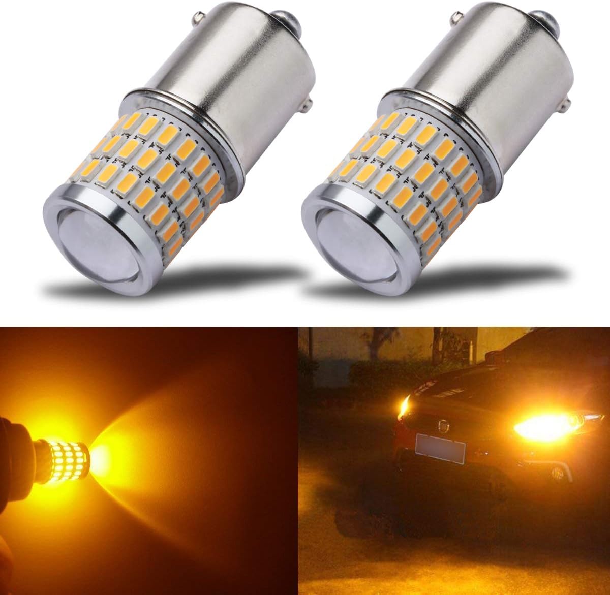 iBrightstar Newest 9-30V Super Bright Low Power 1156 1141 1003 BA15S LED Bulbs with Projector Replacement for Turn Signal Lights, Amber Yellow