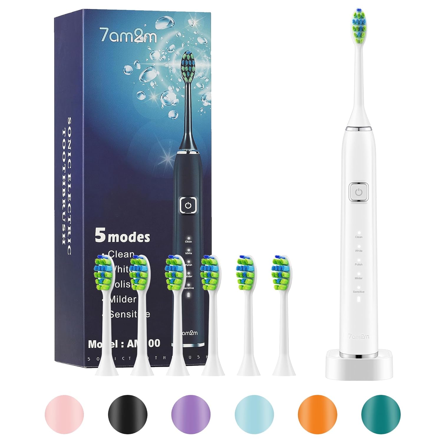 7AM2M Sonic Electric Toothbrush with 6 Brush Heads for Kids and Children, One Charge for 90 Days, Wireless Fast Charge, 5 Modes with 2 Minutes Build in Smart Timer, Electric Toothbrushes(White)