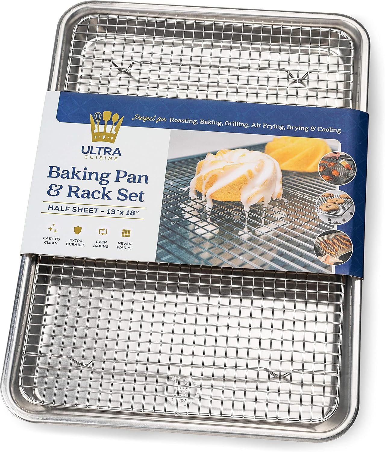 Ultra Cuisine Aluminum Baking Sheet with Stainless Steel Cooling Rack Set  Half Sheet Size Pan 13 x 18 inch, Durable Rimmed Sides, Easy Clean, Commercial Quality for Cooking and Roasting