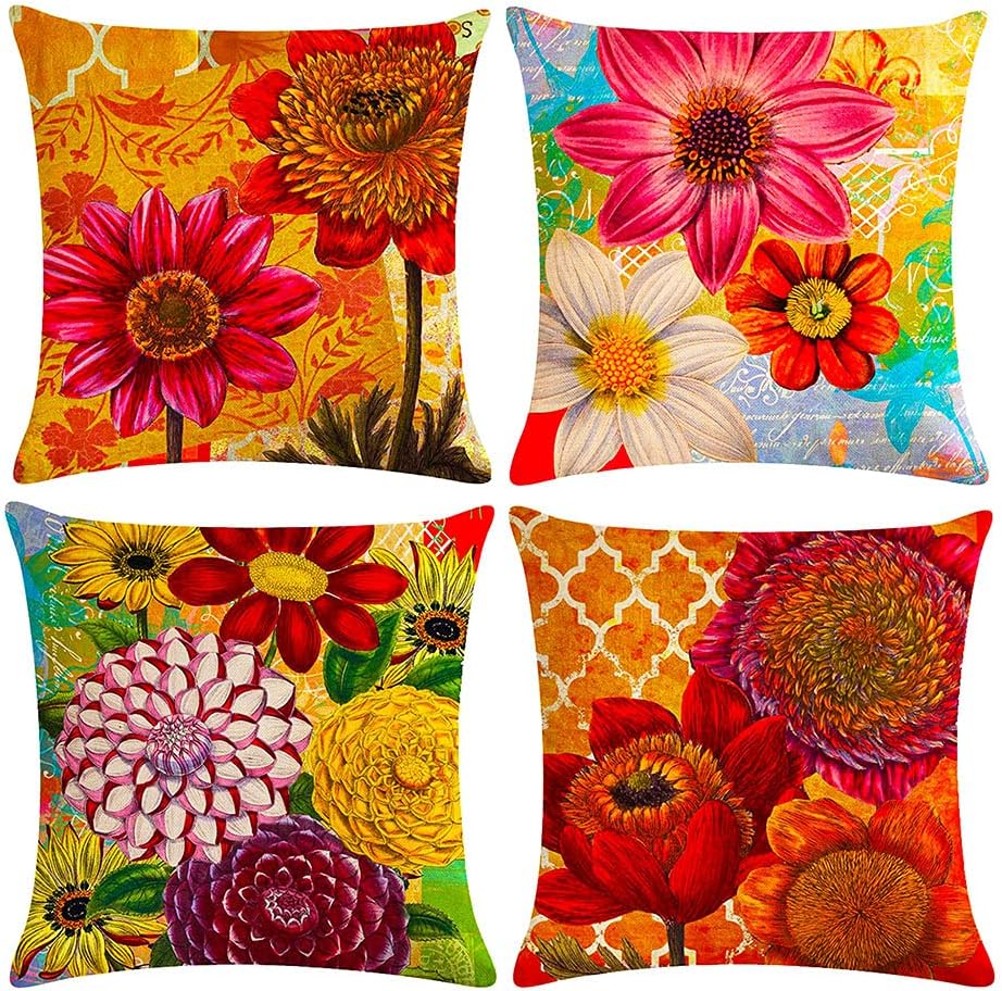 Square Decorative Soft Throw Pillow Covers for Chair, Deco Indoor,18 x 18 inches 4 Packs (Sunflowers 2)