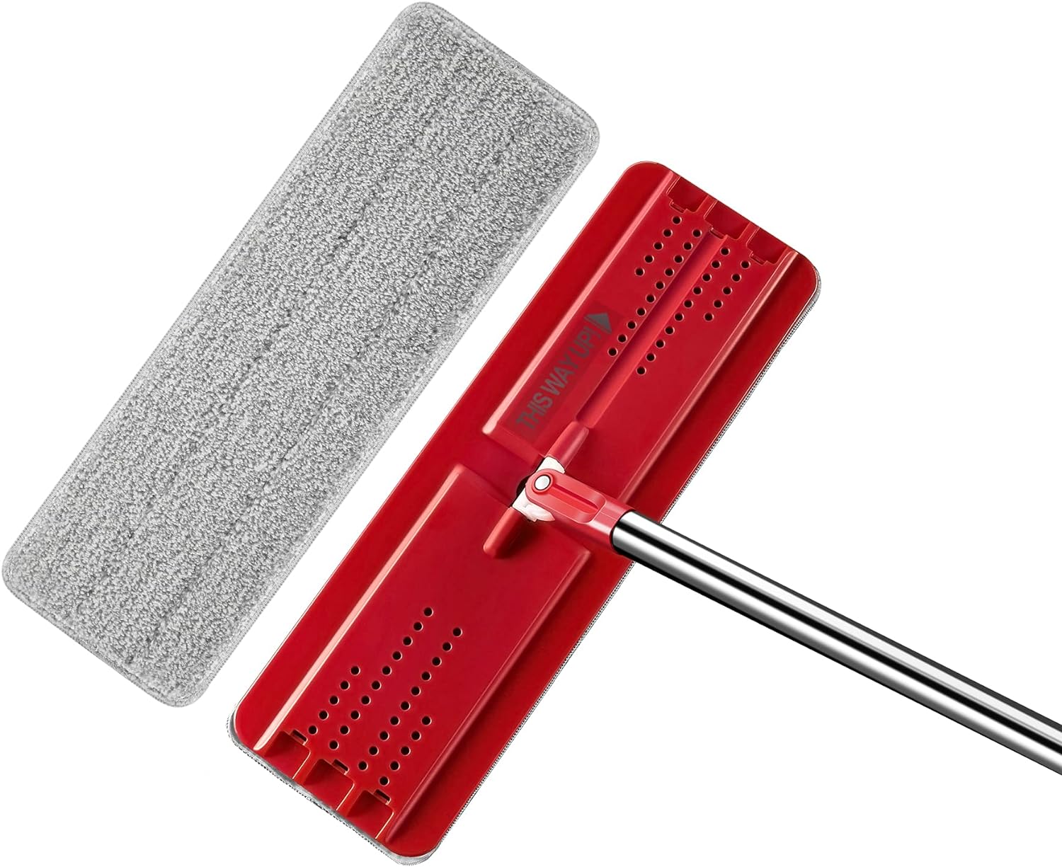 Flat Mop with Microfiber Pad, Floor Mop, Cleaning Tools, Mopping Dry or Wet, Mops for Floor Cleaning Hardwood, Laminate, Tiles, Flexible Mop Head, Adjustable Stainless Steel Handle - Red