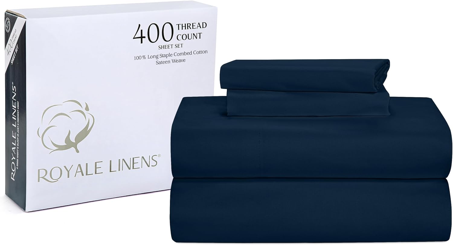 ROYALE LINENS 400 Thread Count 100% Cotton Sateen Sheet Set, Bed Sheet Set, Wrinkle & Fade Resistant Luxury Sheet Set (Navy, Queen)