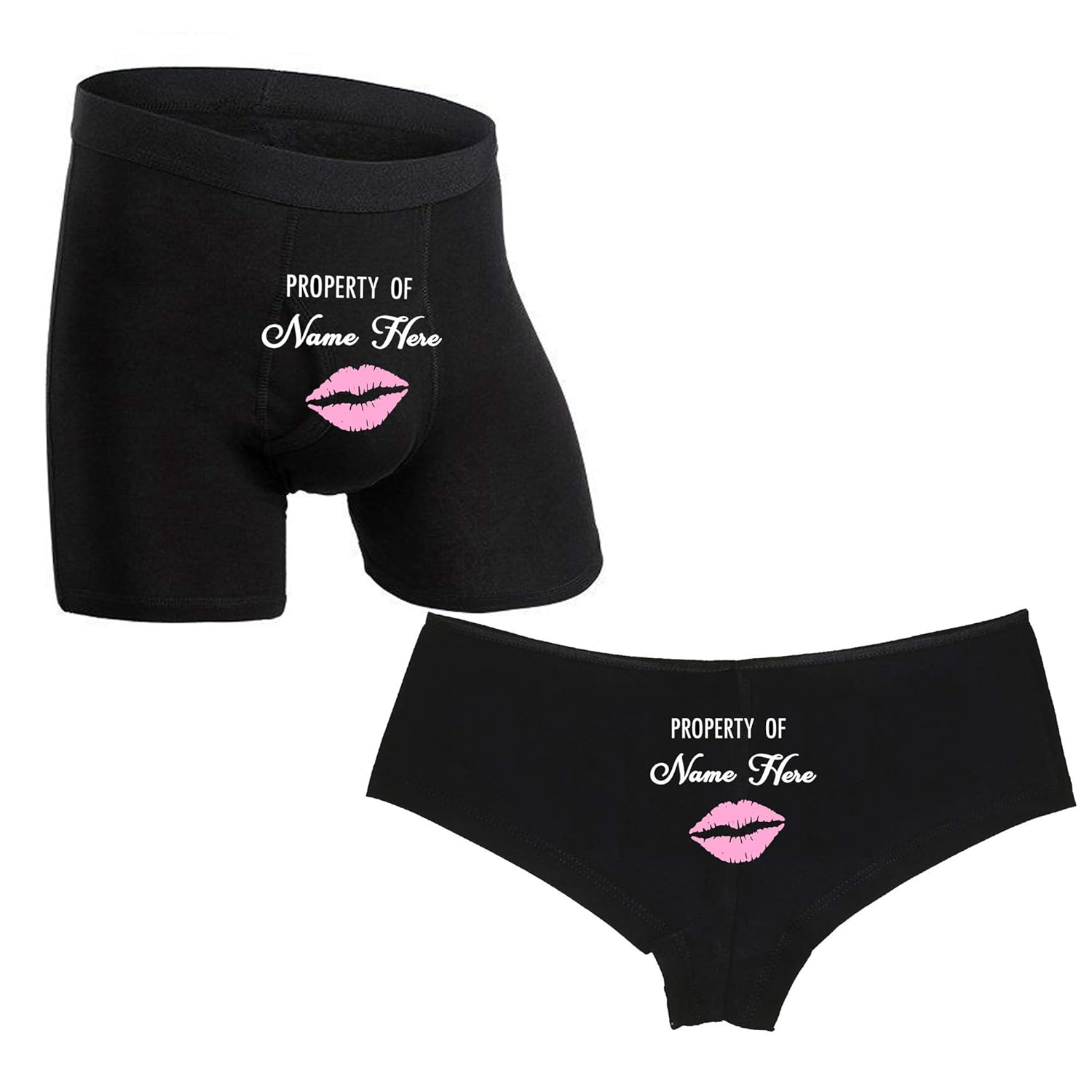 Property Of Underwear, Personalized Couples Underwear, Black Boxer Briefs and Bikinis, Set of 2