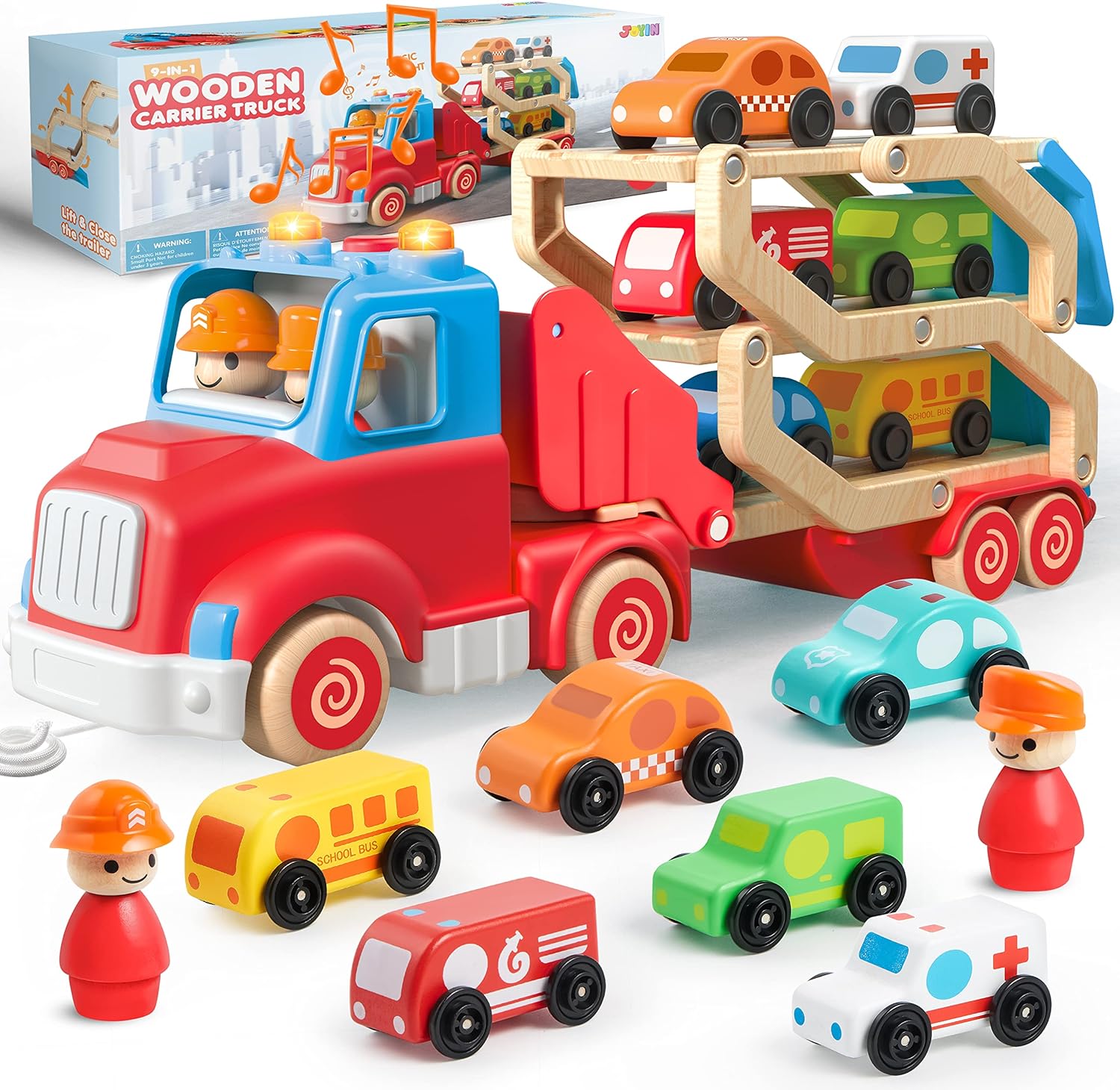 JOYIN Wooden Carrier Truck for Boys - 9 in 1 Foldable Track Carrier Truck Set, 1 Transport Toy Truck with 6 Wooden Cars, 2 Action Figures, 3 Layer Transformable Carriage Set, Toy Cars for Toddlers