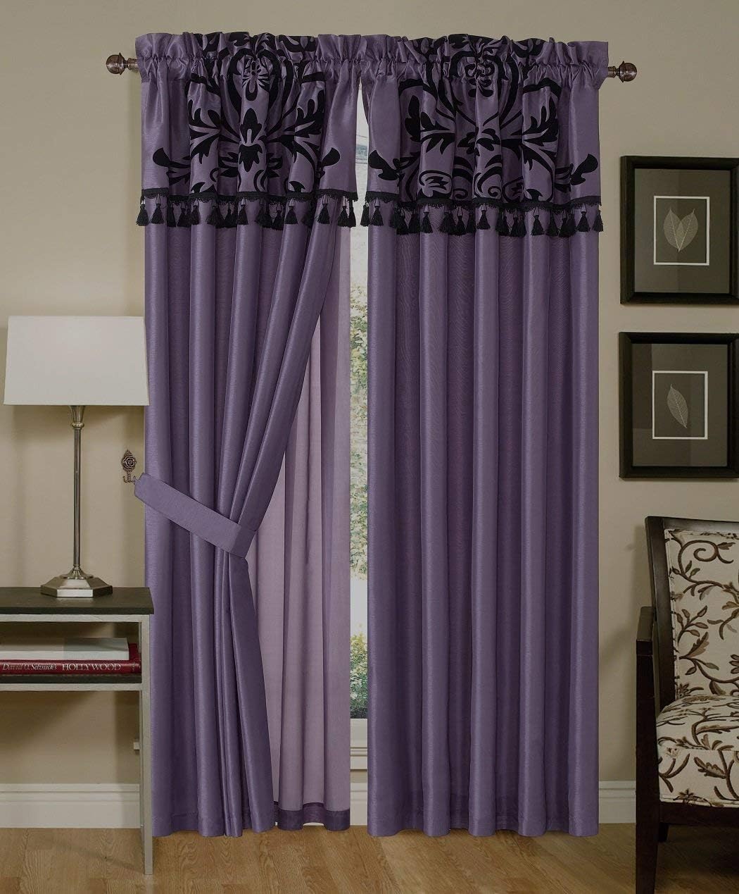 Chezmoi Collection Nobility 4-Piece Flocked Floral Faux Silk Window Curtain Set with Sheer Backing Valance, Violet/Black