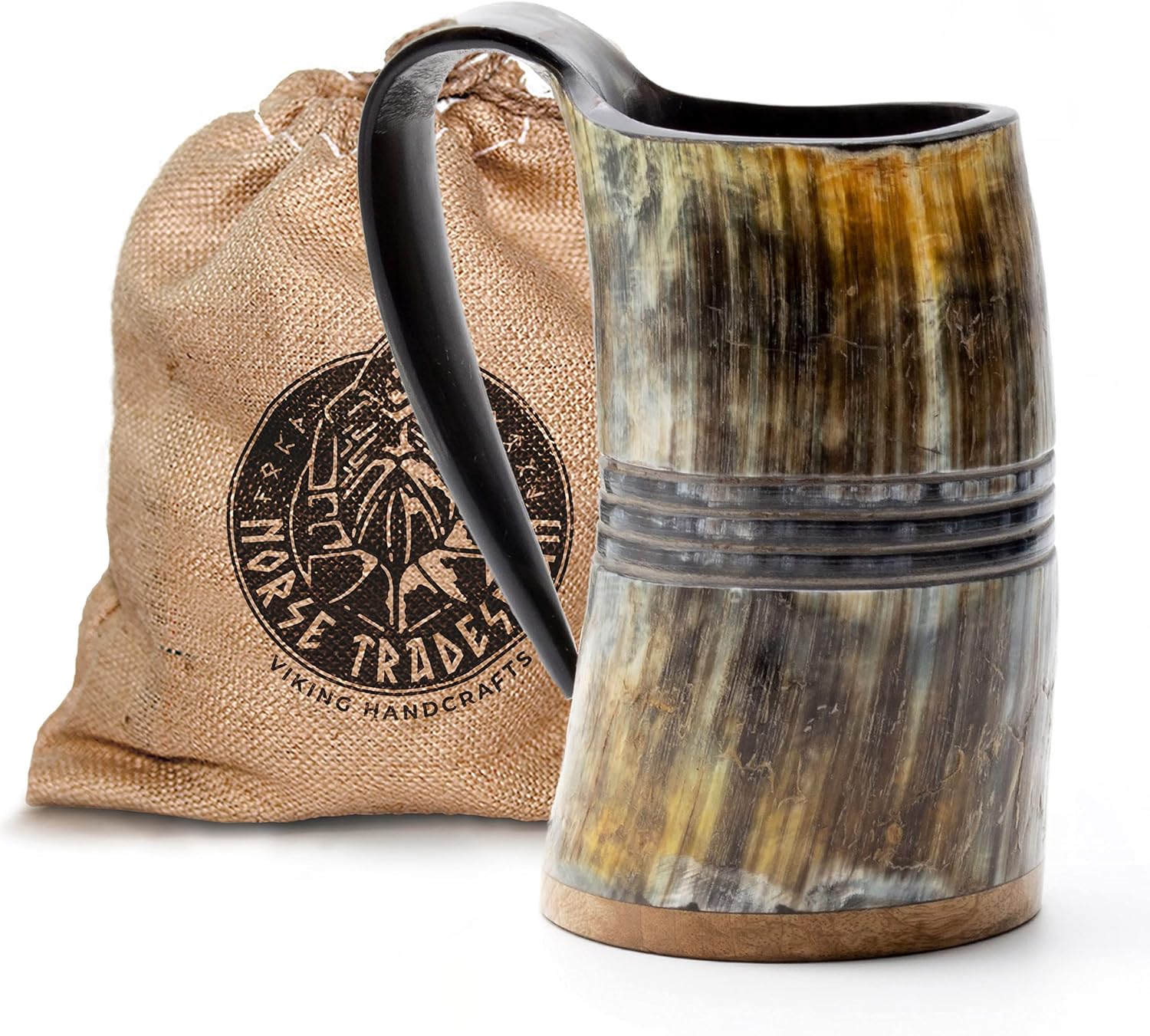 Norse Tradesman LG Viking Drinking Horn Mug - 100% Authentic Beer Horn Tankard With Hardwood Bottom & Ring Engravings | The Eternal, Low Polish, approx. 16 oz