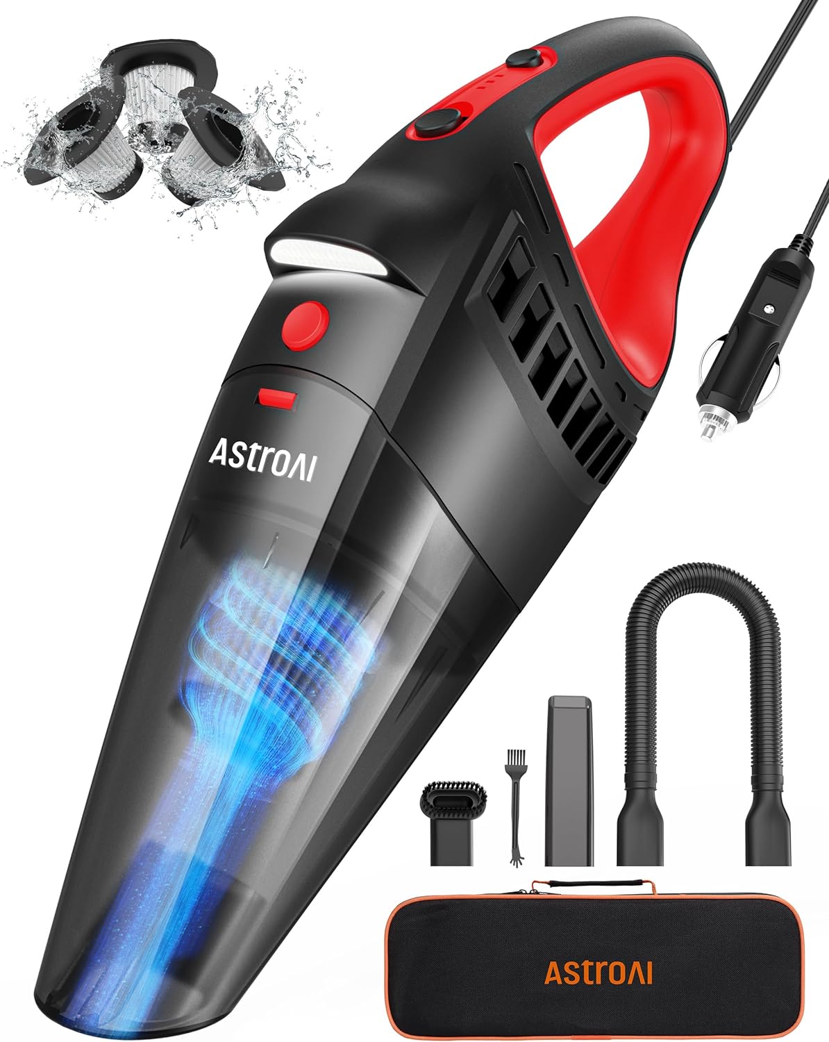 AstroAI Car Vacuum, Car Accessories, Portable Handheld Vacuum Cleaner with 12V DC Power,16.4 Ft Cigarette Lighter Cord,LED Light,Car Cleaning Kit with 3 Filters for Quick Cleaning(Red)