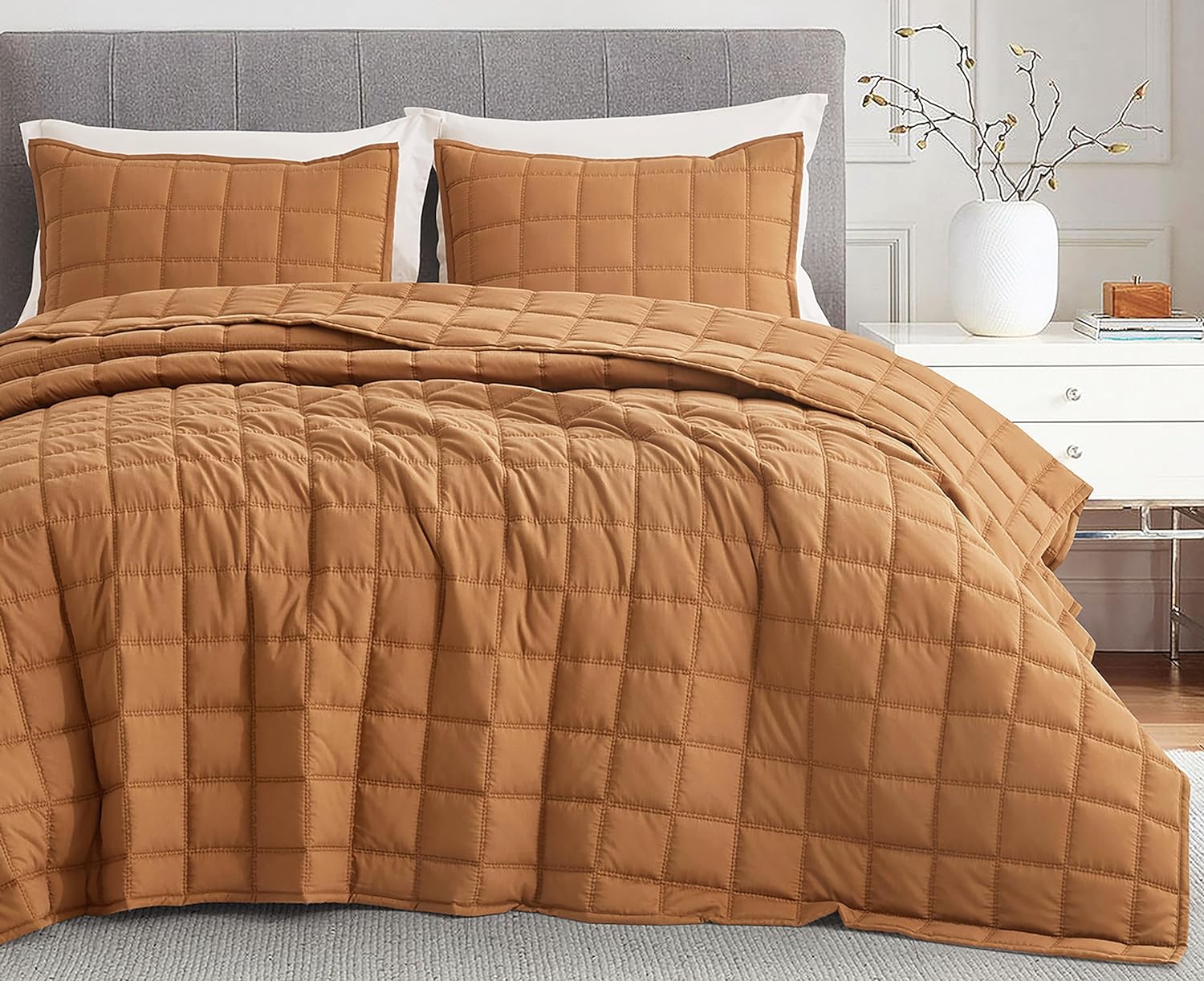 Chezmoi Collection Tencel Modal Blend Quilt Set King Size, Terracotta - Lightweight Soft Bedspread Detailed Square Stitched Quilt for All Seasons