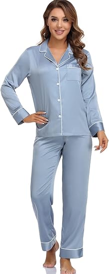 Serenedelicacy Women' Satin Pajama Set Long Sleeve Button Down Sleepwear 2-Piece Striped Silky Pj Set