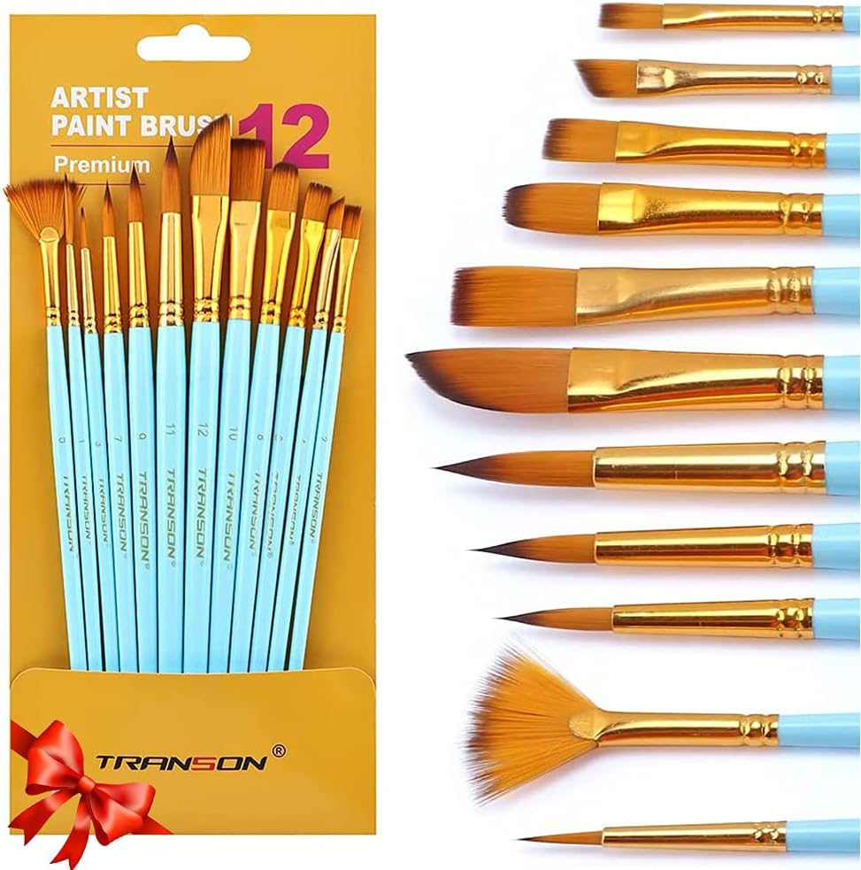 Transon Art Painting Brush Assorted Set of 12 for Acrylic Watercolor Gouache Hobby Painting