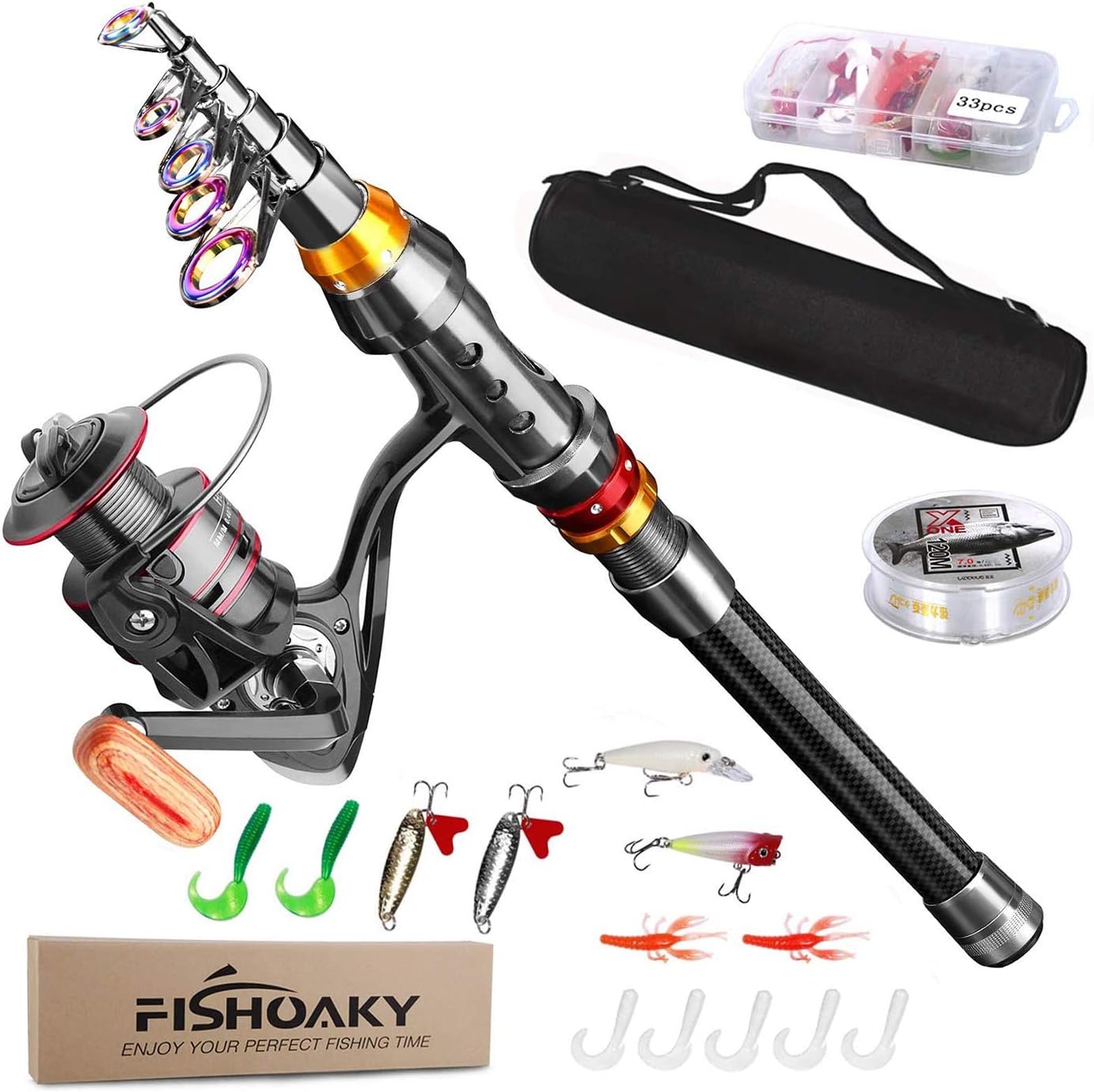 fishing rod kit, Carbon Fiber Telescopic Fishing Pole and Reel Combo with Line Lures Tackle Hooks Reel Carrier Bag for Adults Travel Saltwater Freshwater