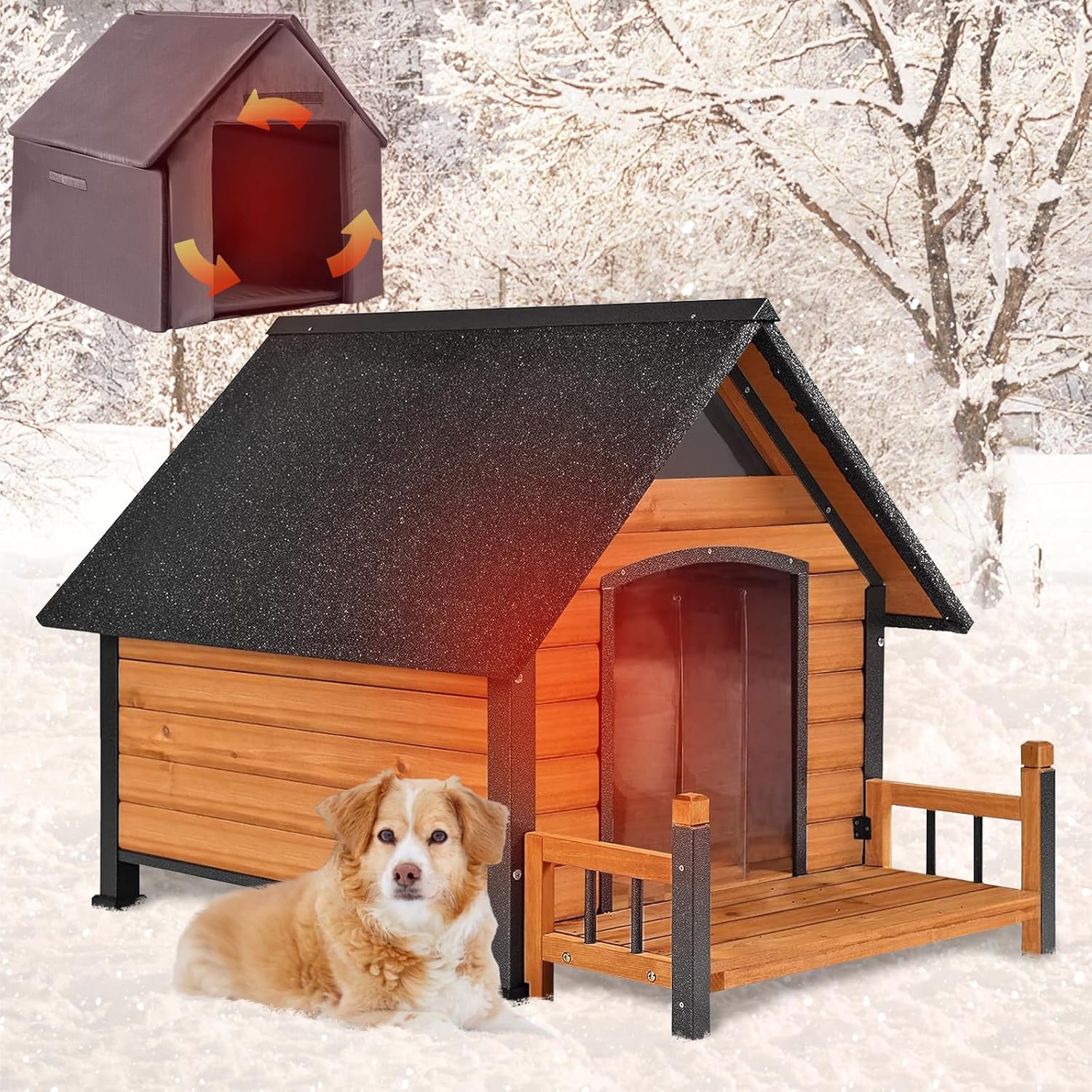 100% Insulated Dog House Outdoor with Liner for Winter Metal Frame Heated Dog Kennel for Small Medium Large Dogs, Waterproof