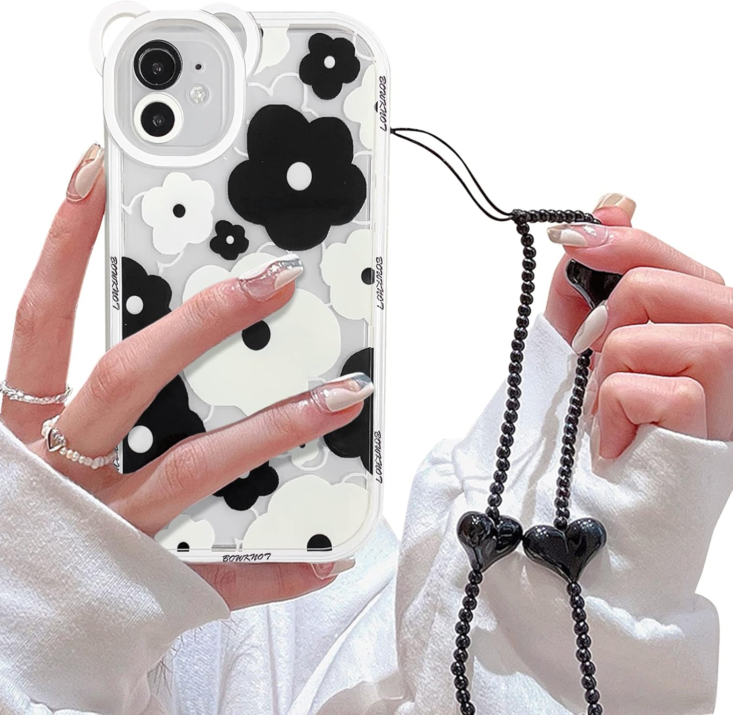 NITITOP Compatible for iPhone 12 Case Clear Floral Bear Camera Lens Case for Women Girls, Soft TPU Shockproof Protective-Black