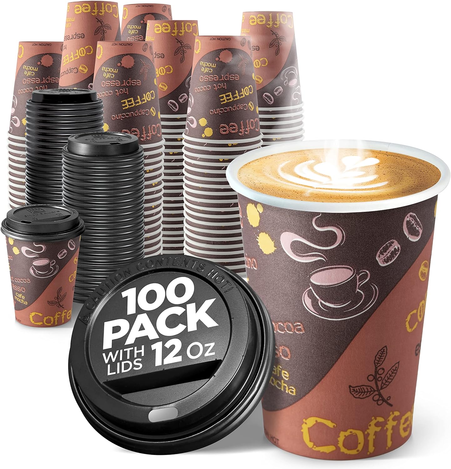 Disposable Coffee Cups with Lids 12 oz (100 Pack) - To Go Paper for Hot & Cold Beverages, Coffee, Tea, Chocolate, Water, Juice Eco Friendly