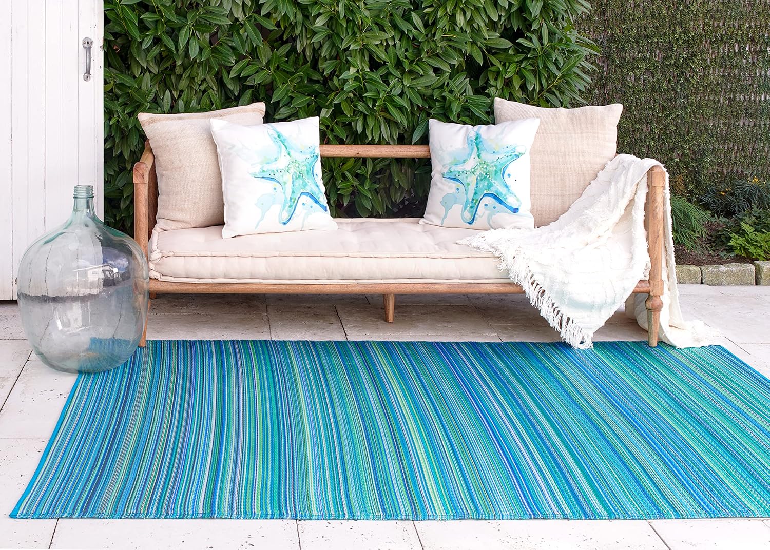 Fab Habitat Outdoor Rug - Waterproof, Fade Resistant, Crease-Free - Premium Recycled Plastic - Striped - Porch, Deck, Balcony, Hallway, Poolside - Cancun - Turquoise & Moss Green - 2.5 x 8 ft Runner