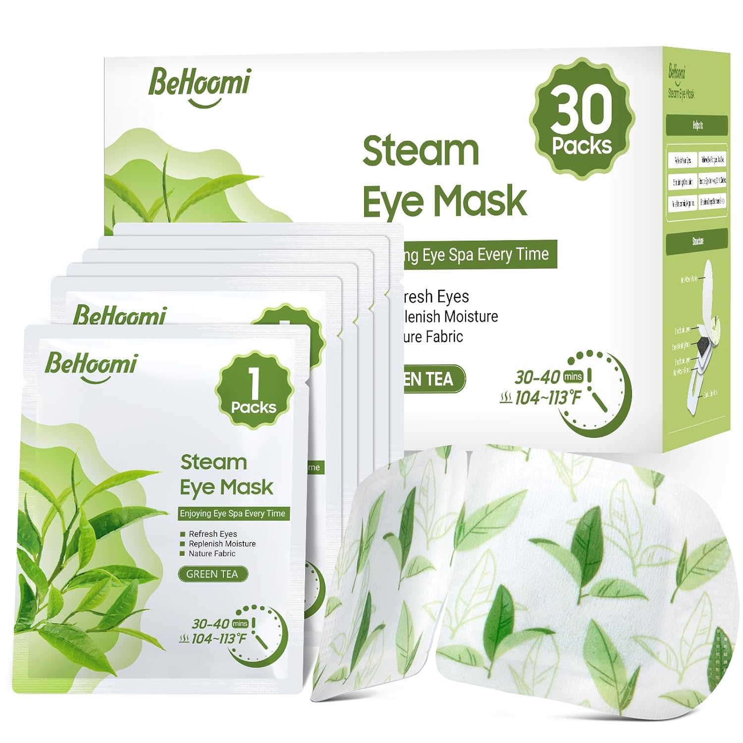 Steam Eye Mask, 30 Packs GREEN TEA Scent Moist Heated Eye Mask, Disposable Eye Masks, Warm Eye Compress, Comfortable and Relax