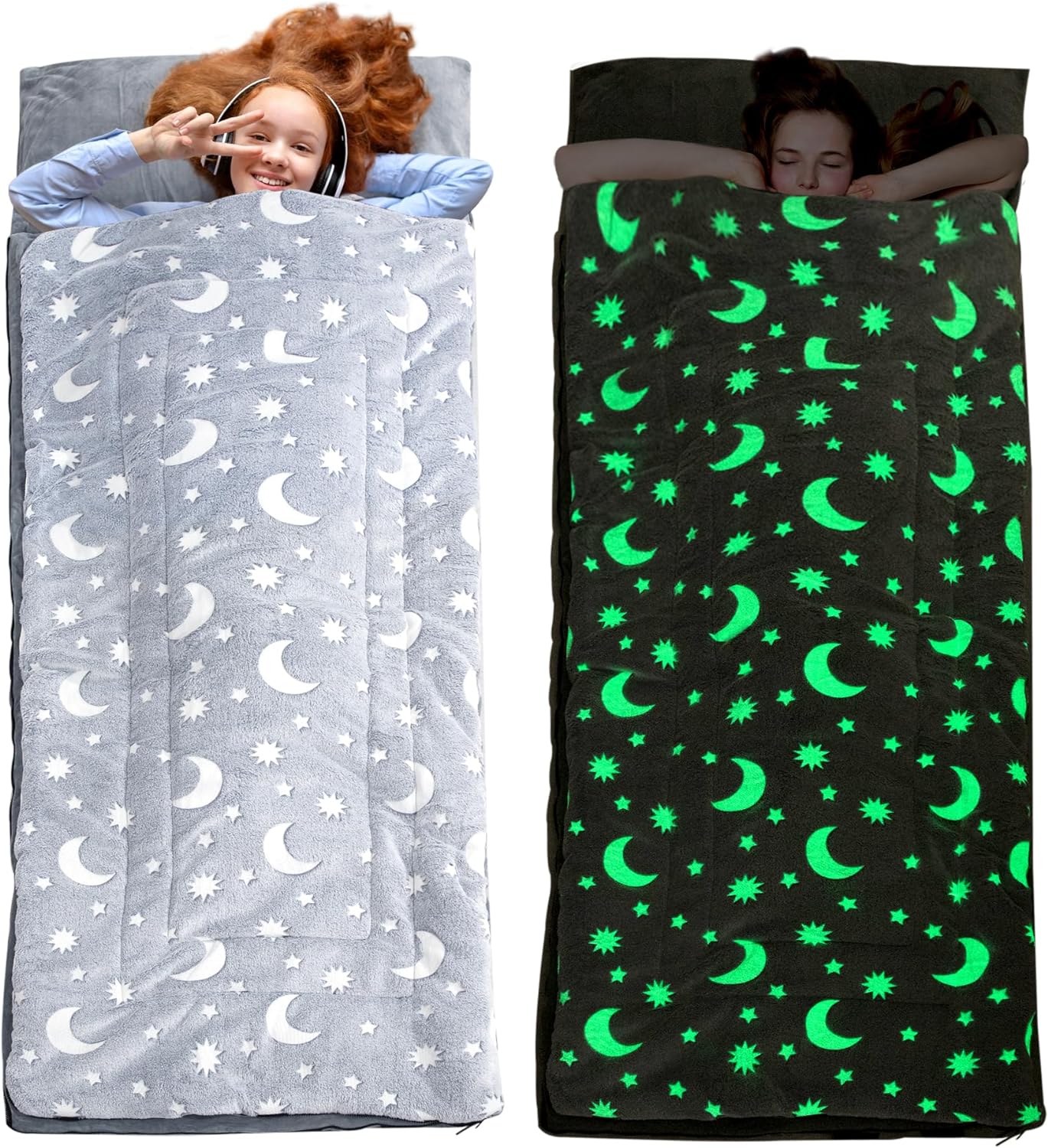 HOMBYS Glow in The Dark Sleeping Bags for 10~12 Years Old Kids, Soft Kids Nap Mat with Pillow and Blanket for Daycare School, Grey Travel Sleep Bag for Childern Girls Boys Truck Travel Camping