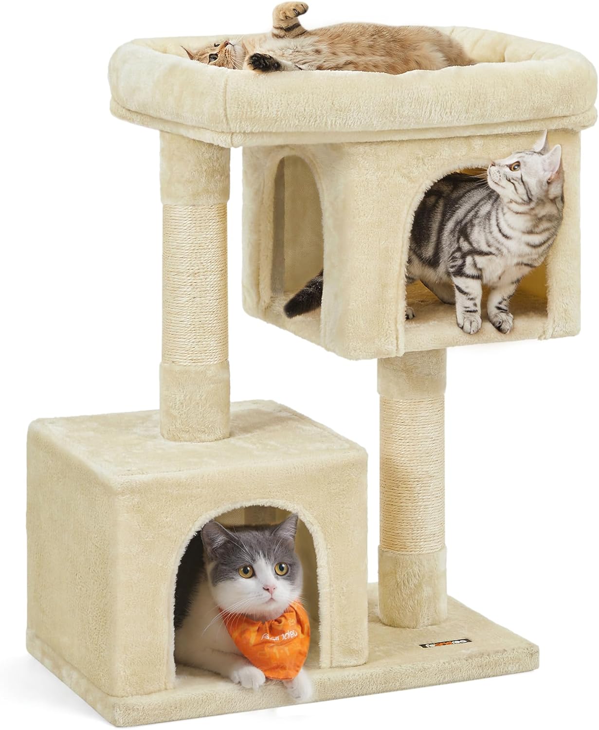 Feandrea Cat Tree, 33.1-Inch Cat Tower, L, Cat Condo for Large Cats up to 16 lb, Large Cat Perch, 2 Cat Caves, Scratching Post, Beige UPCT61M