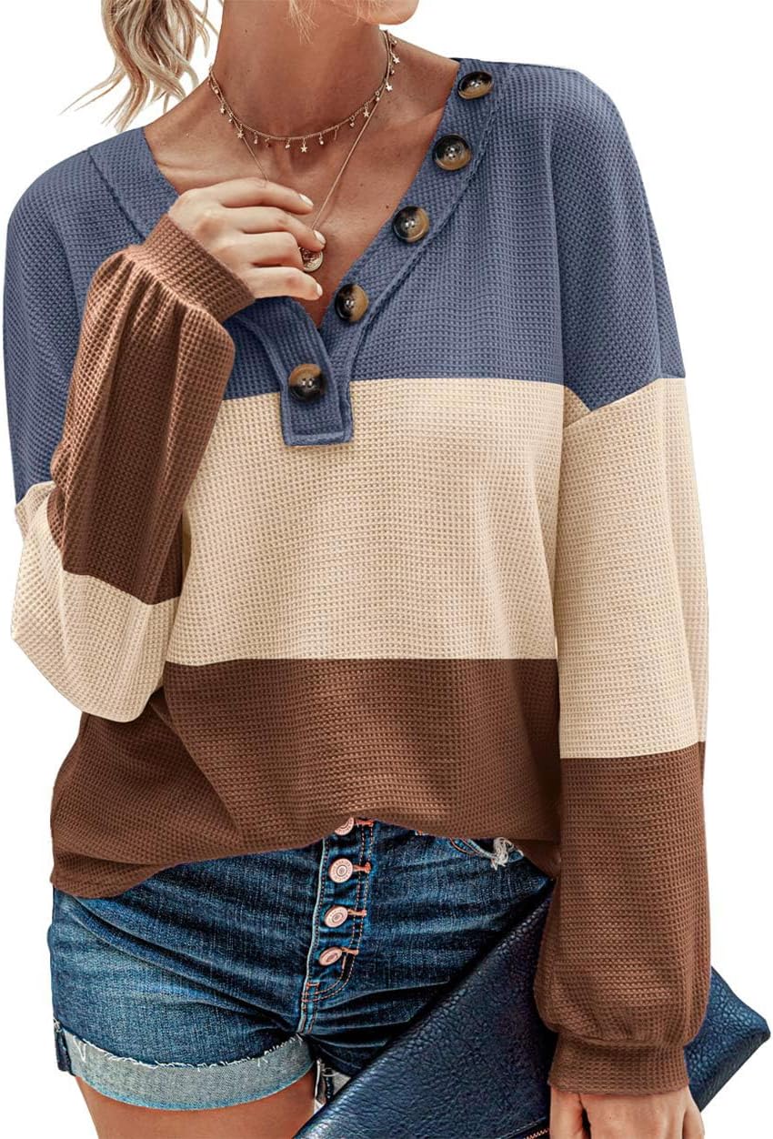 BTFBM Women Waffle Knit Shirts V-Neck Long Sleeve Casual Slouchy Loose Blouses Plain Faux Button Lightweight Pullover