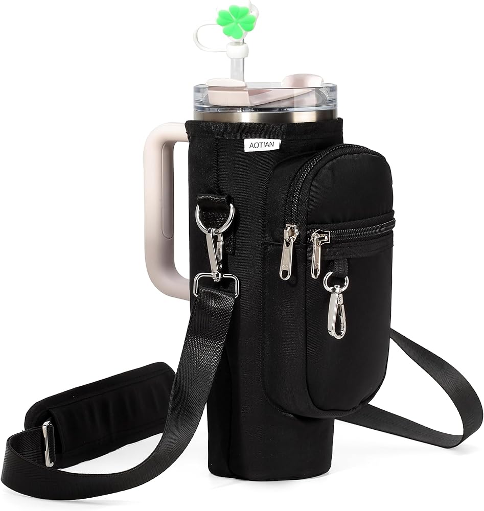 If you are walking around with a 40oz tumbler, let's face it you are probably already a little bougie. You may as well fully embrace it and get this bag. It is a nice bag, I received many compliments when I used it. It holds my Stanley cup well and leaves room for my initial chain to dangle freely. It fits my iPhone perfectly. the other pocket I use to hold lip gloss. it has a key chain holder for your keys. I don't carry a purse but I keep water with me so this is perfect. It does stand up on flat/hard surfaces well, I will say it fell over a few times on me when on carpet so this would be my least favorite thing. The color of the strap is a darker beige than the holder not a huge deal but worth mentioning if that matters. I like the comfort of the shoulder strap. It also still sits in my cupholder in the car, BONUS! It seriously is useful beyond being bougie and aesthetically pleasing. Go for it!