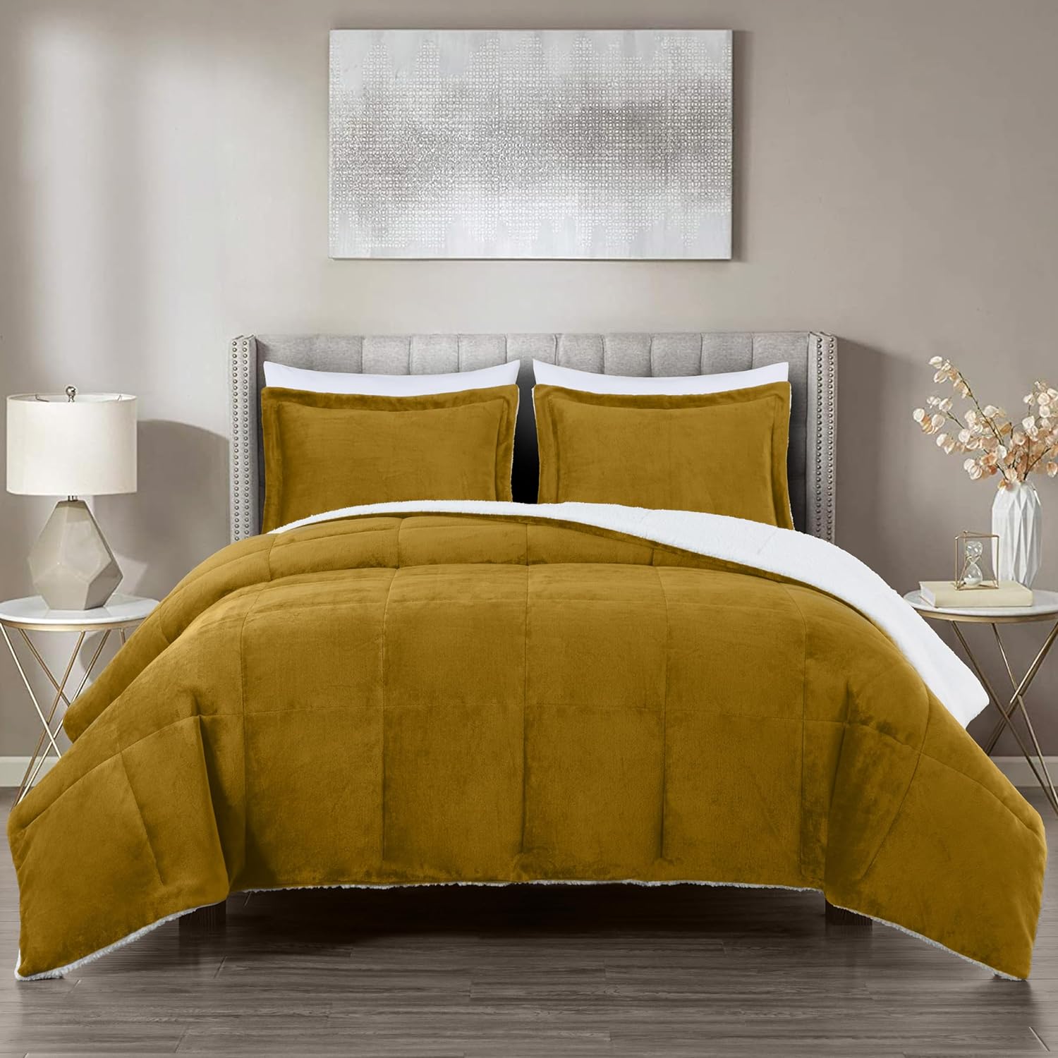 Chezmoi Collection Ultra-Soft Micromink Sherpa King Size Comforter Set with 2 Pillow Shams - Mustard Yellow Reversible Plush Bedding Comforter 3-Piece Set Warm Winter Blanket