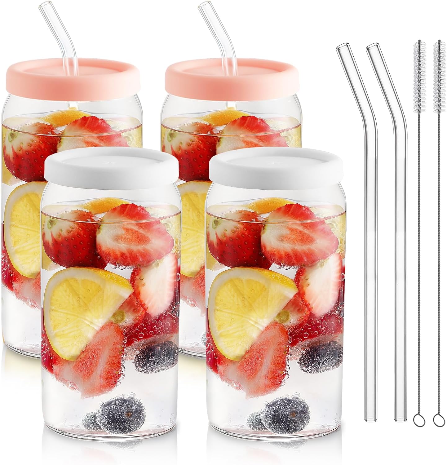 Glass Cups with Silicone Lids 4pcs, 20oz Can Shaped Glass Cups with Straws, Beer Glasses, Iced Coffee Cups, Cute Tumbler Cup with Cleaning Brush, Pink & White, Ideal for Cocktail, Tea, Gift