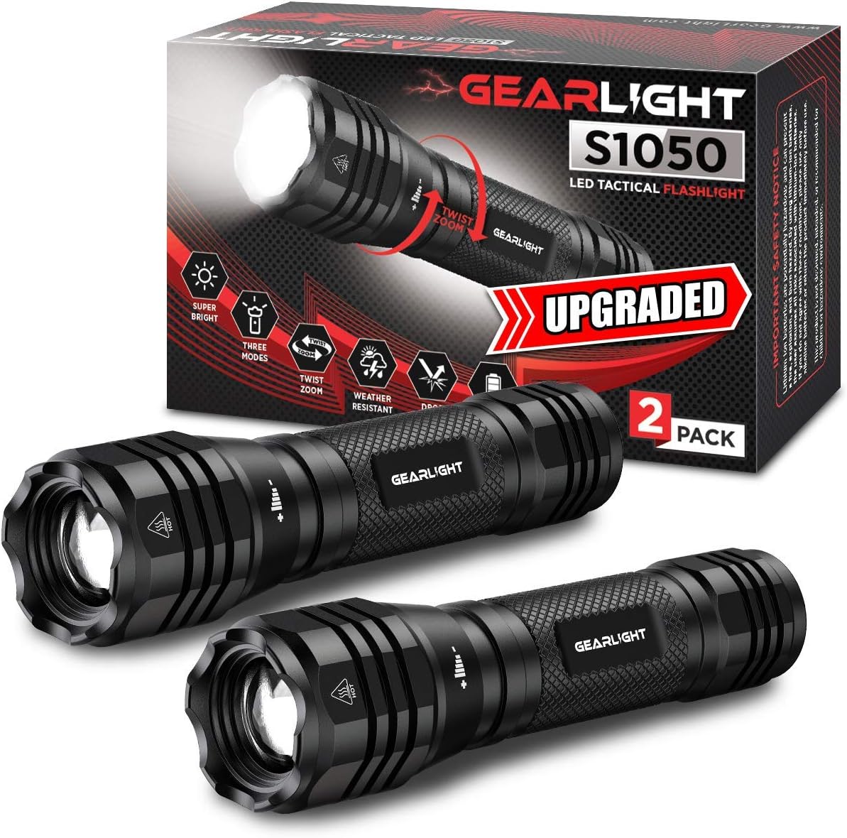 GearLight S1050 LED Flashlight High Lumens - Flashlights for Camping, Hiking, Dog Walking - Powerful Emergency Flashlights with 3 Modes for Outdoor Use - Bright Flashlight with Zoomable Beam