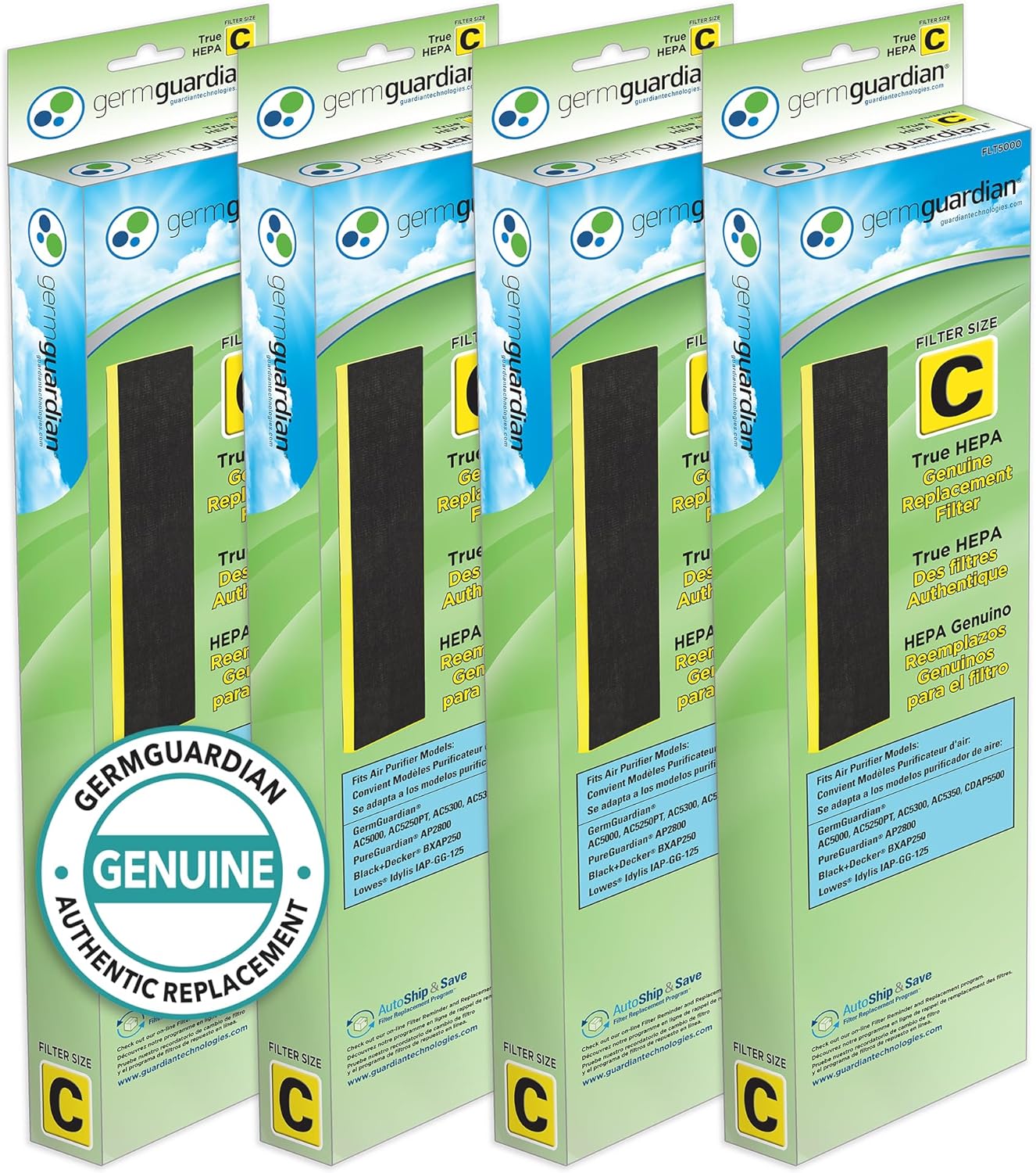 GermGuardian Filter C HEPA Pure Genuine Air Purifier Replacement Filter, Removes 99.97% of Pollutants for AC5000 Series, 4-Pack, Black/Yellow, FLT50004PK