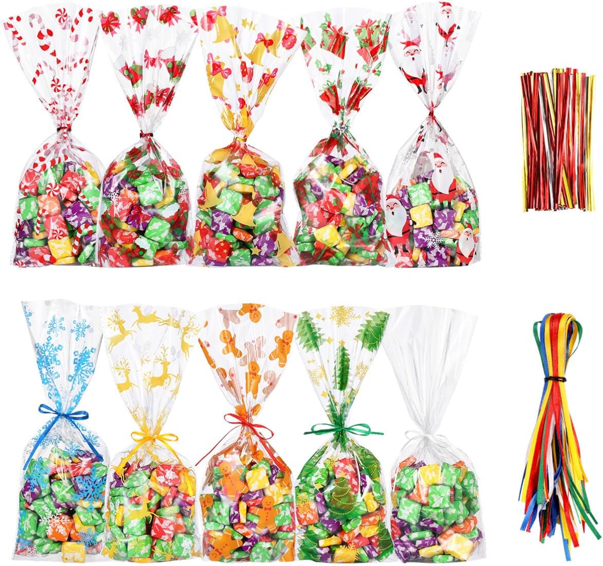 Cabilock Christmas Cellophane Bags 120 Pieces Candy Gift Bags Christmas Cello Treat Bags Plastic OPP Goodie Bags With Ribbon for Party Supplies