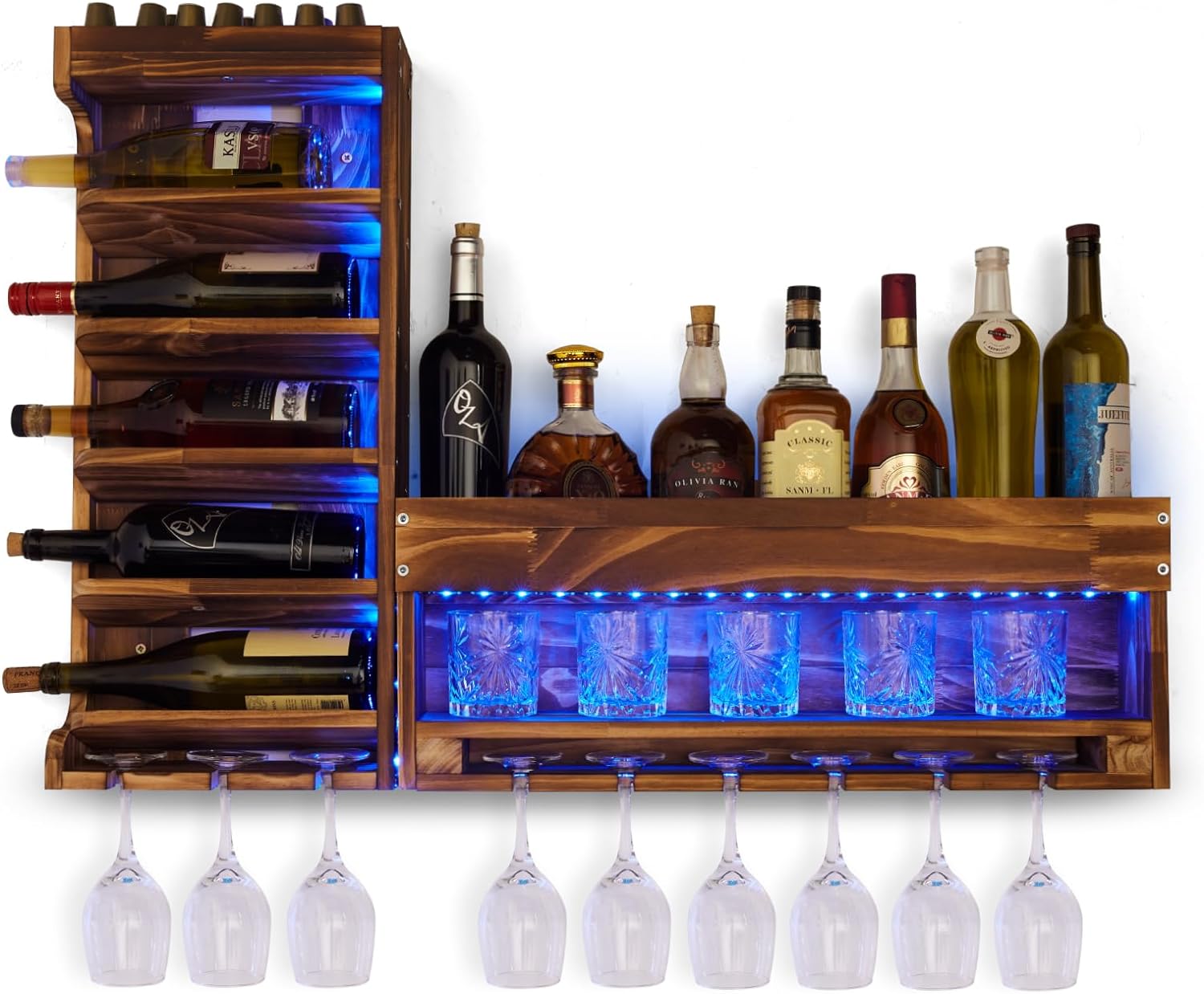 Homde Wine Rack with LED Light Wall Mounted Wood,Wine Shelf with Bottle Stemware Glass Holder Rustic, Wine Display Storage Rack with Cork Holder for Home Bar Kitchen Decor