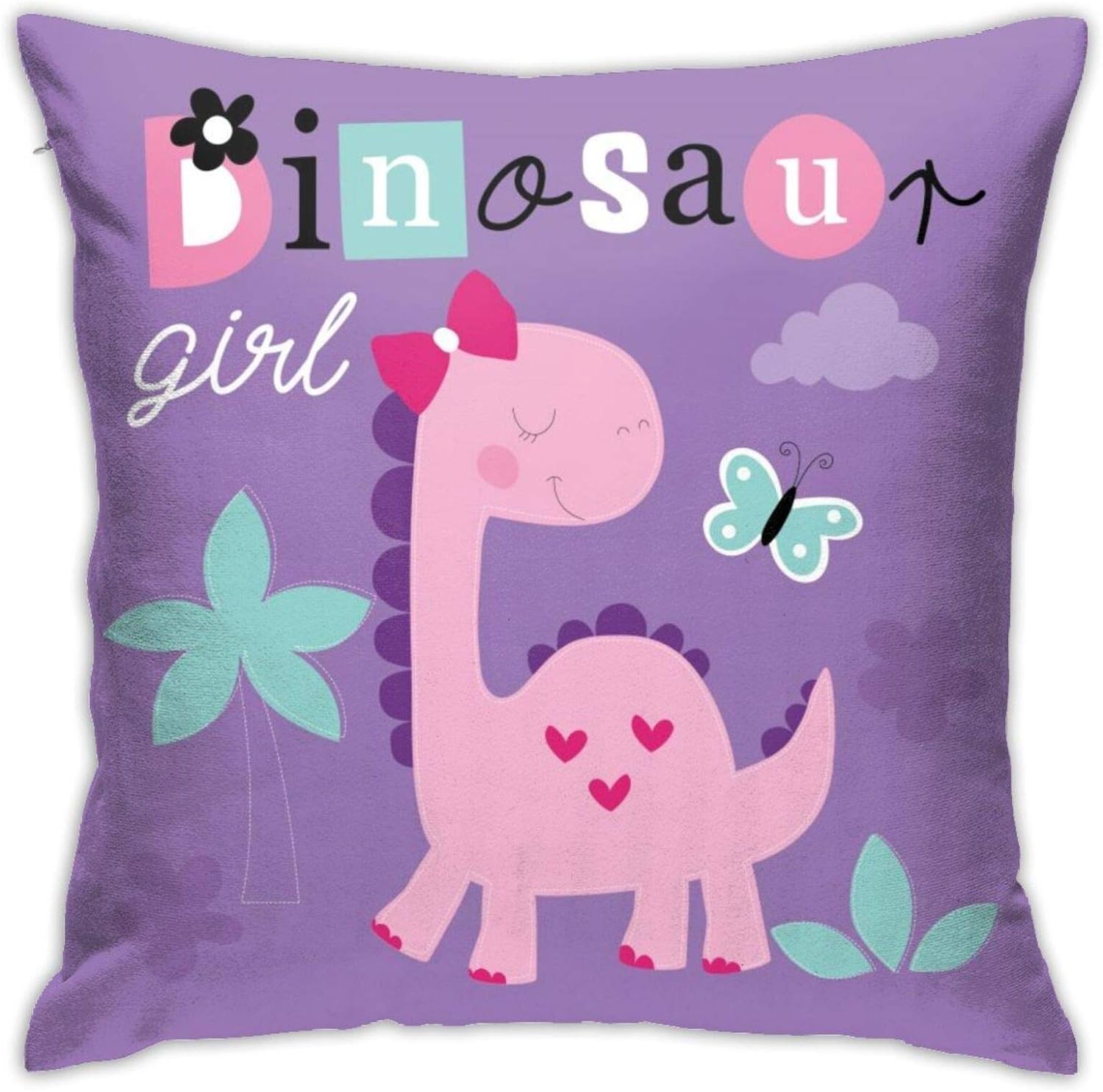 Cute Dinosaur Girl Decorative Throw Pillow Cushion Covers 18x18inchs for Kids,Pink Baby Cartoon Throw Pillow Cases for Couch Bedroom Car(Colorful Dino)