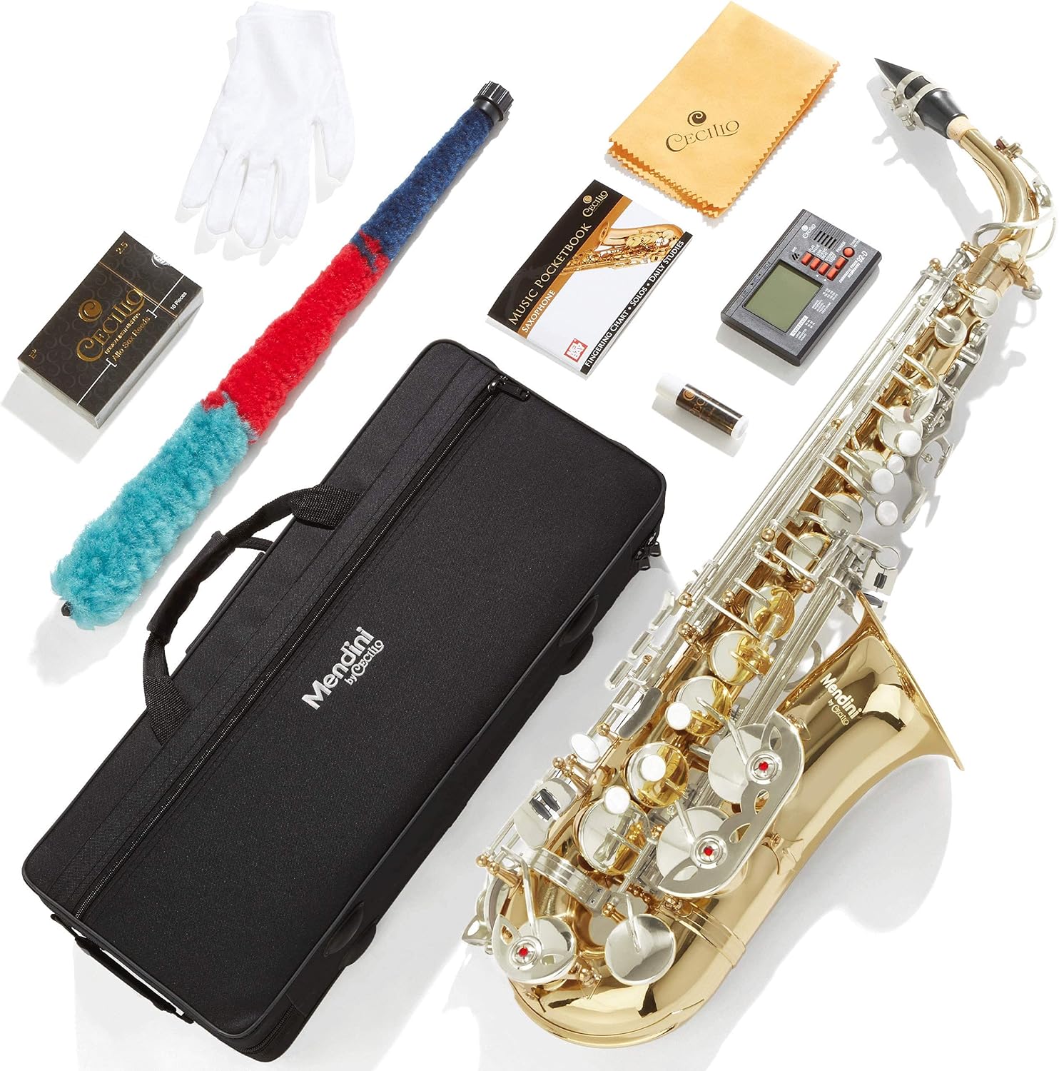 Mendini By Cecilio Eb Alto Saxophone - Case, Tuner, Mouthpiece, 10 Reeds, Pocketbook - Gold & Nickel E Flat Musical Instruments