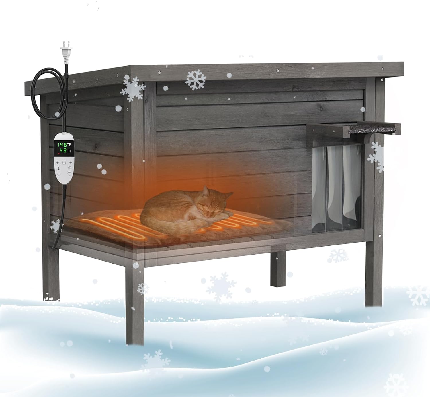 GDLF Outdoor Feral Cat House Heated cat House with 100% Insulated All-Round Foam Weatherproof Large Cat Shelter with Heating Pad for Multiple Cats 34.5"X21.5"x27.2"