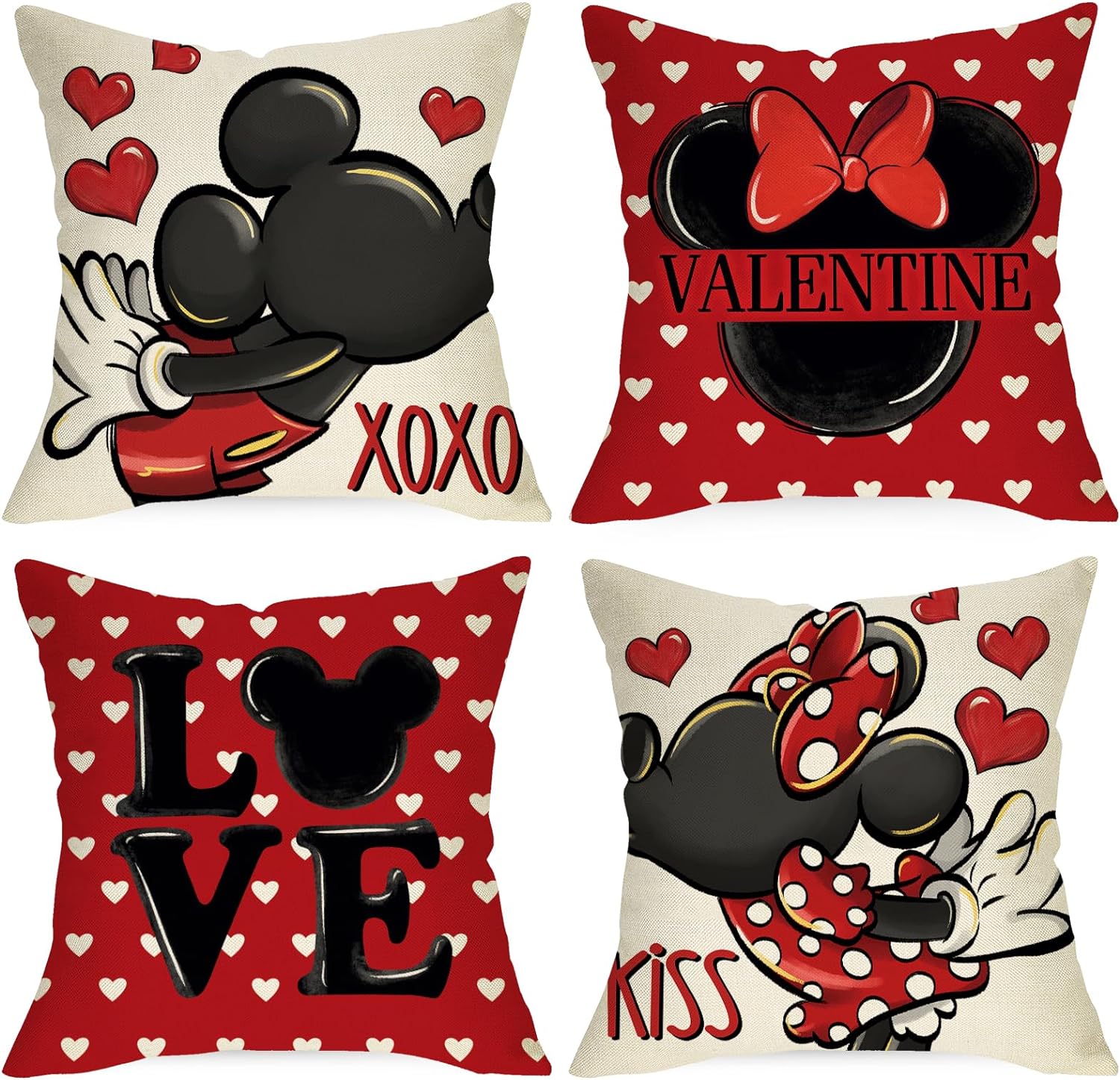 Valentine Cartoon Mouse Decorative Throw Pillow Covers 18 x 18 Set of 4, Red Love Heart Polka Dots Kiss Cushion Case Decor, Anniversary Wedding Holiday Home Decoration for Sofa