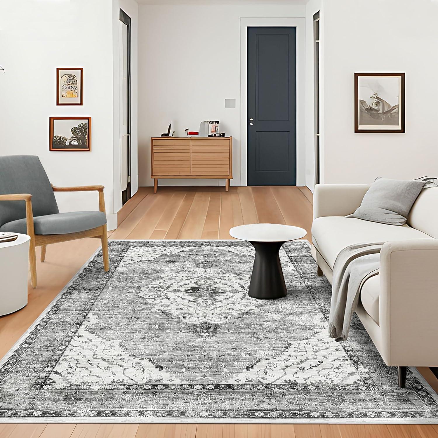 Deerly 5x8 Rugs for Bedroom Living Room - Machine Washable Rugs Large Non-Slip Family & Pet Friendly Area Rugs Carpet Oriental Neutral Print Floor Rug Border Grey/Navy