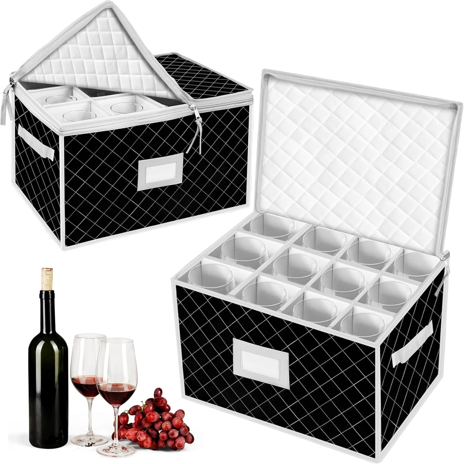 VERONLY China Storage Containers - Stemware Storage Cases for 12 Wine Champagne Glasses - 2 Pack Crystal Glassware Protector Packing Boxes with Dividers and 2 Handles for Moving (Black)