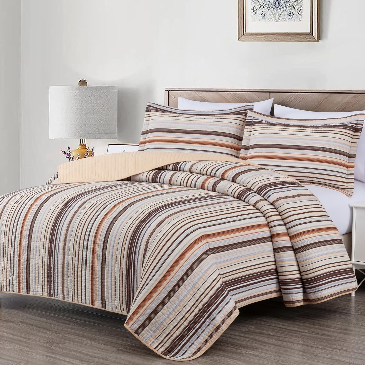 Chezmoi Collection Avery Striped Cotton Quilt Set King Size, 3-Piece Soft Pre-Washed 100% Cotton Quilt, Multi-Color Brown