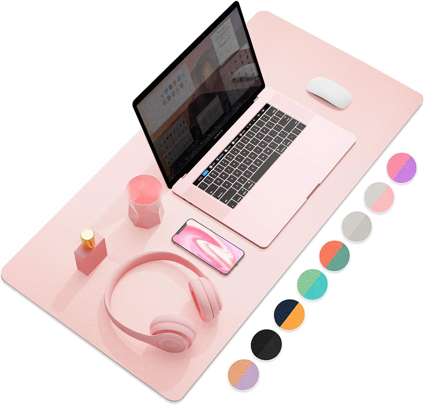 Dual-Sided Multifunctional Desk Pad, Waterproof Desk Blotter Protector, Leather Desk Wrting Mat Mouse Pad (31.5" x 15.7", Pink)