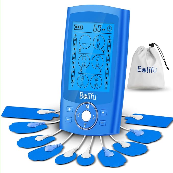 Belifu Dual Channel TENS EMS Unit 24 Modes Muscle Stimulator for Pain Relief Therapy, Electronic Pulse Massager Muscle Massager with 10 Pads, Dust-Proof Drawstring Storage Bag, Fastening Cable Ties