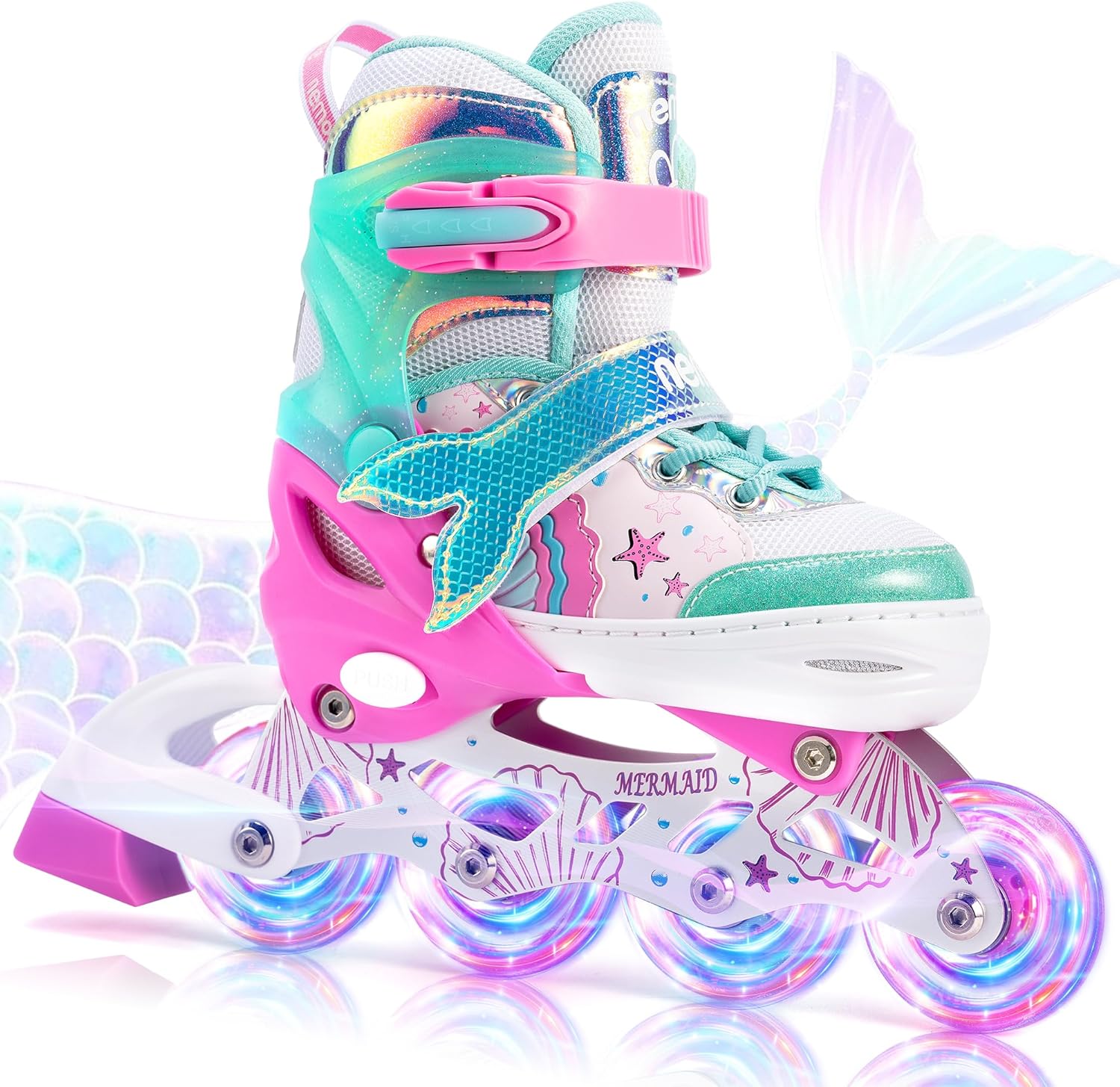 Mermaid Inline Skates, 4 Sizes Adjustable Roller Blades for Girls, Skates with Light up Wheels for Kids, Indoor Beginner Outdoor