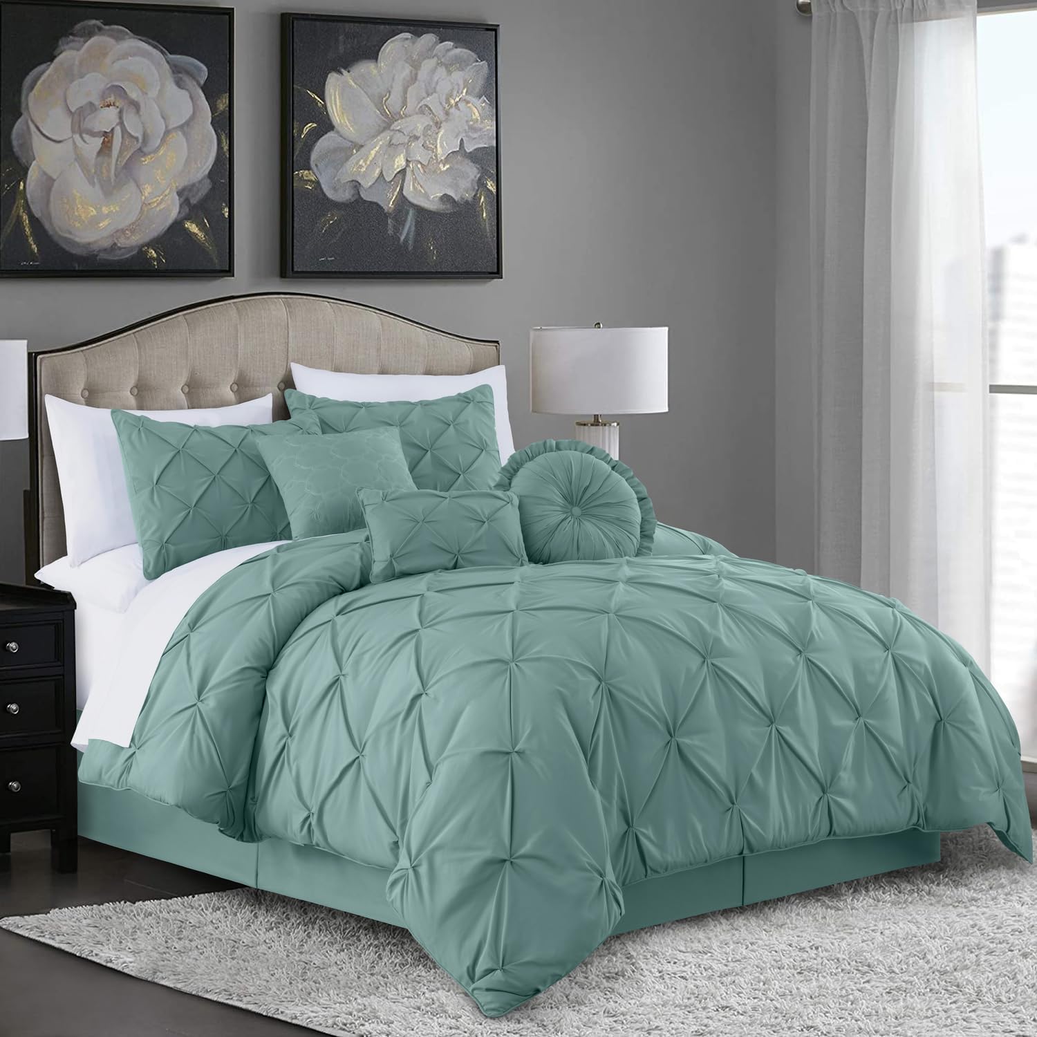 Chezmoi Collection Sydney 7-Piece Pinch Pleat Pintuck Bedding Comforter Set (California King, Spa Blue)