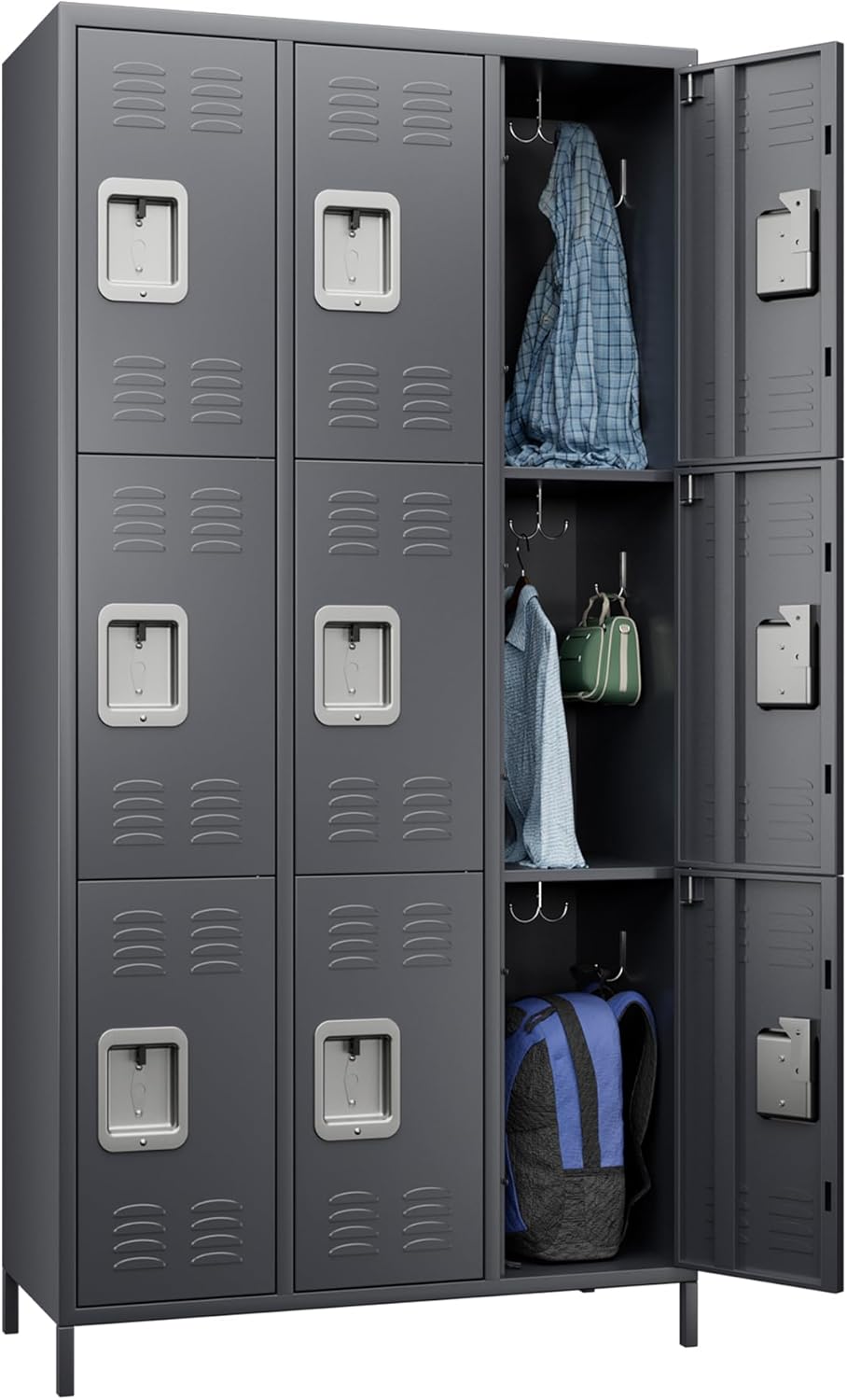 72 Tall Locker with 9 Doors and Pothook,Tier Locker,Metal Locker,Steel Storage Lockers for Employees, Storage Locker for Home, Gym, School, Office(Dark Gray)